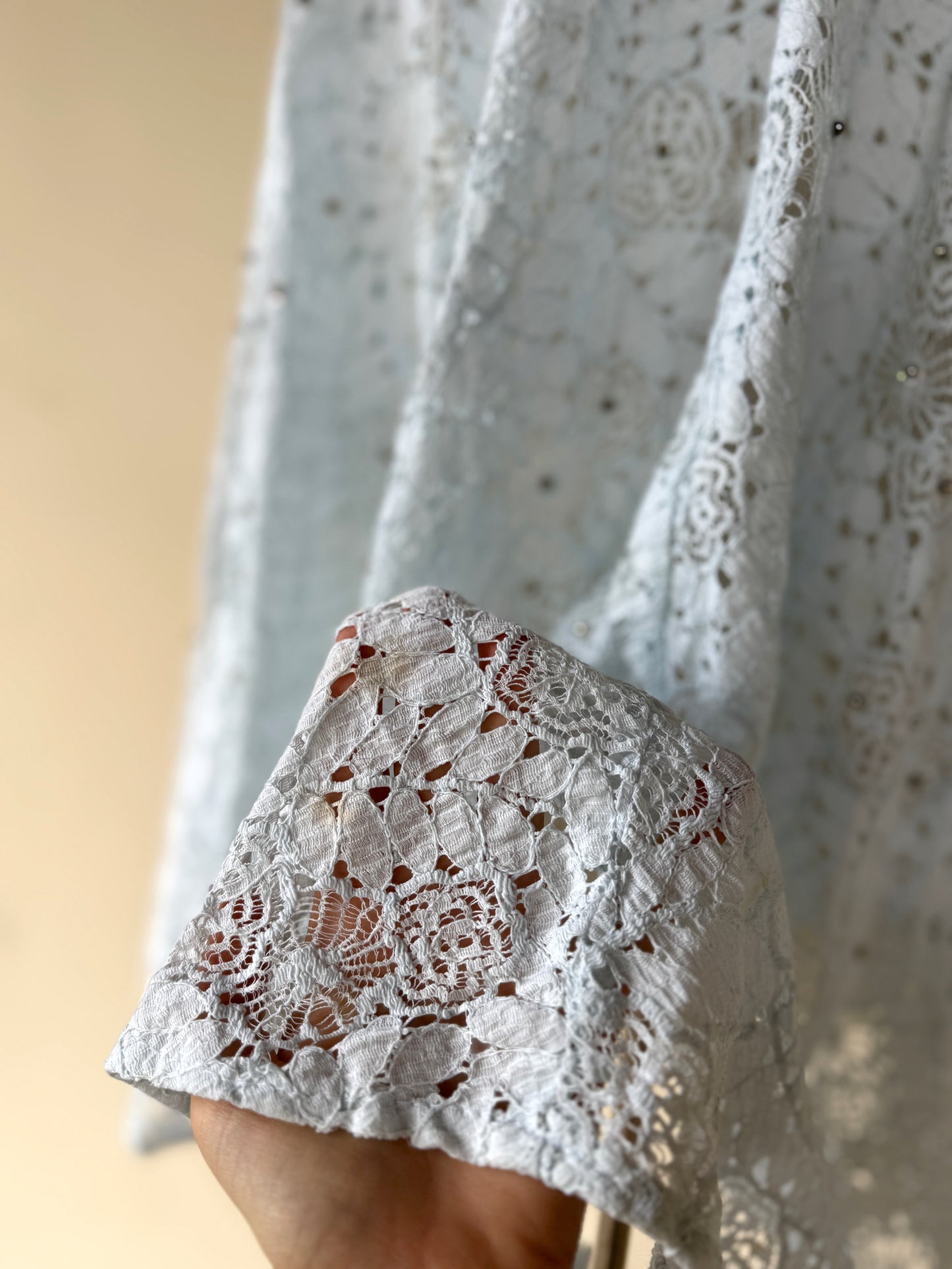 1930s Powder Blue Spider Web Lace Cape w/ Moiré Bow + Silver Ball Beads