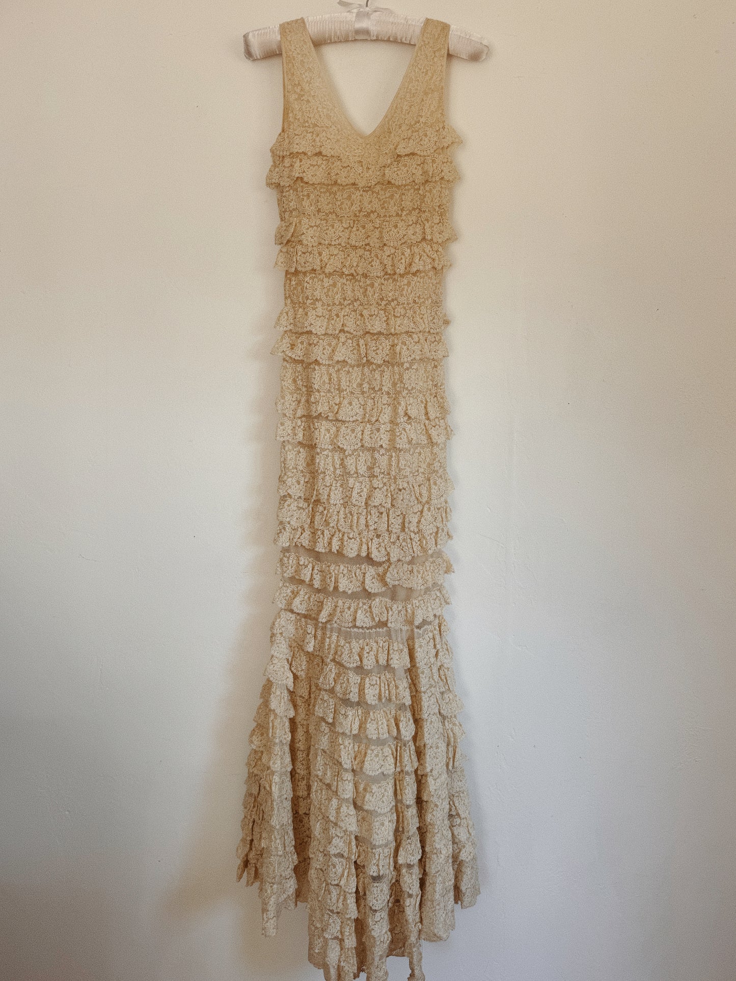 1930s Ecru Lace Tiered Ruffle Gown w/ Fishtail Hem- XS-S