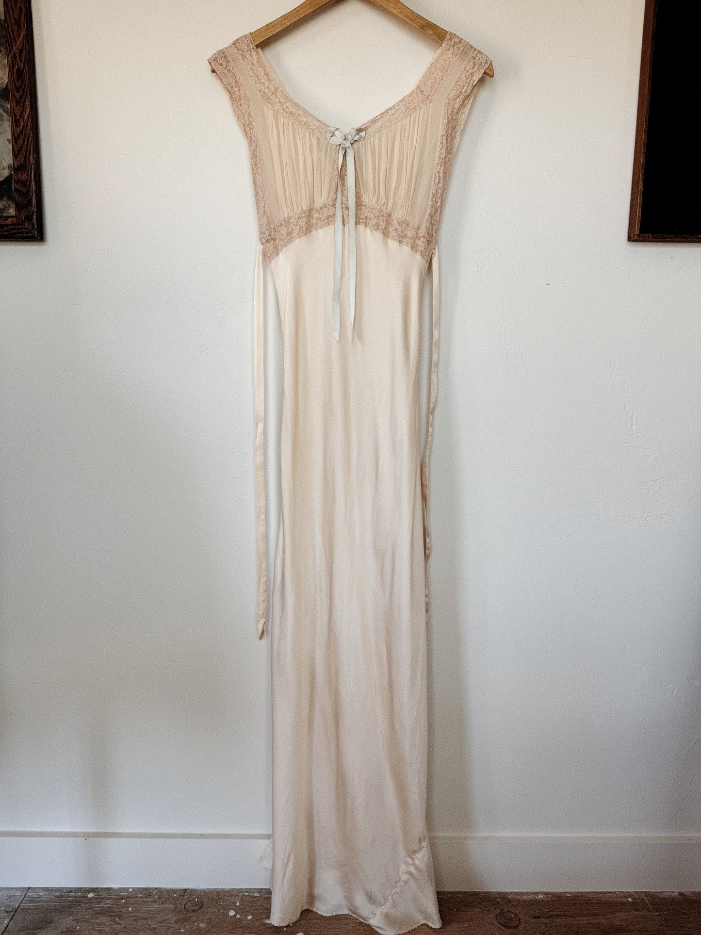 1930s Ivory Silk + Chiffon Slip Dress w/ Pale Blue Bow- XS-S