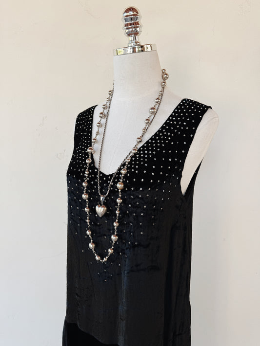 1920s Midnight Black Crushed Silk Velvet Diamenté Dress- S-S/M
