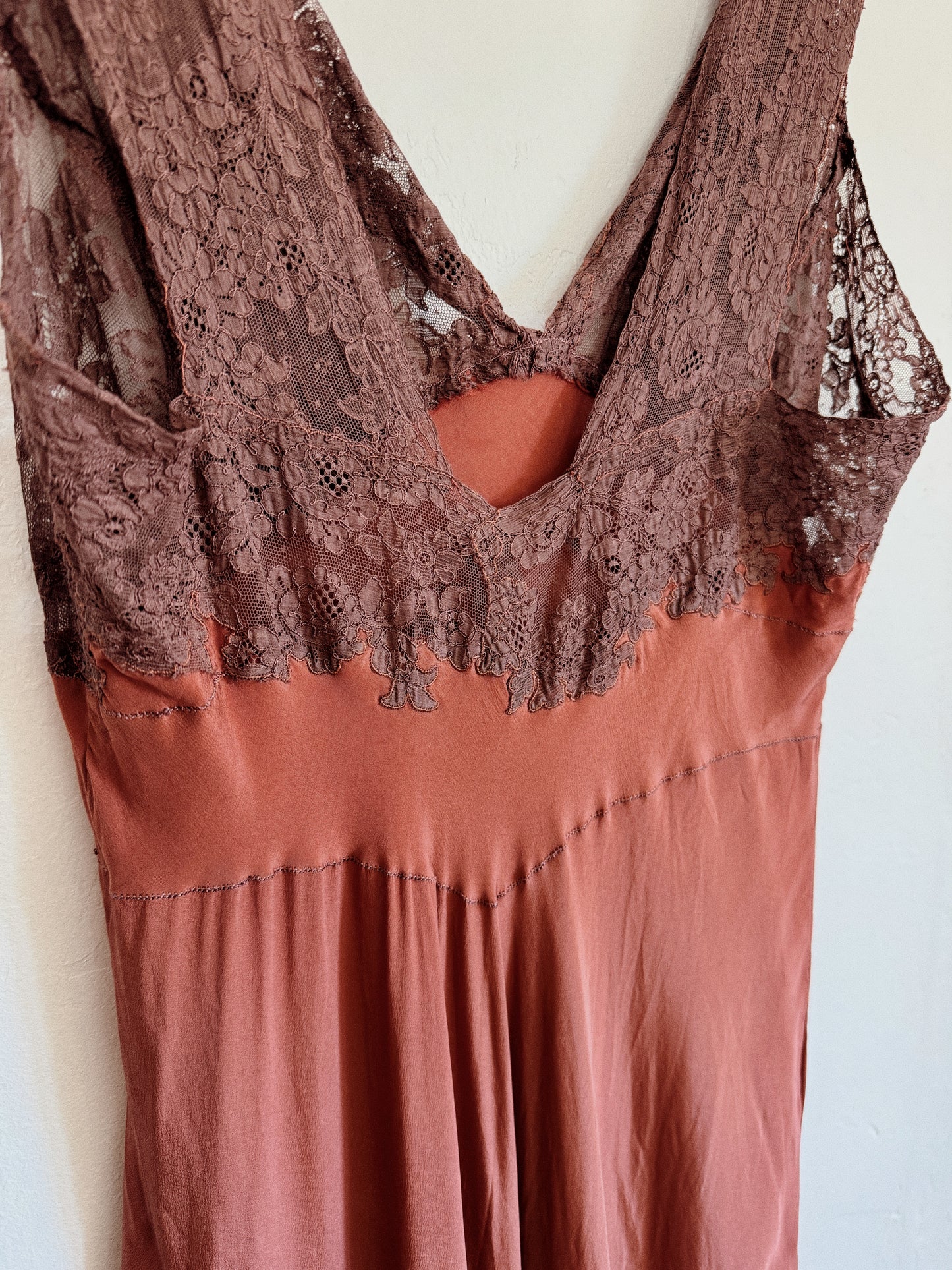 1930s Clay Silk + French Lace Slip Dress- S/M-M