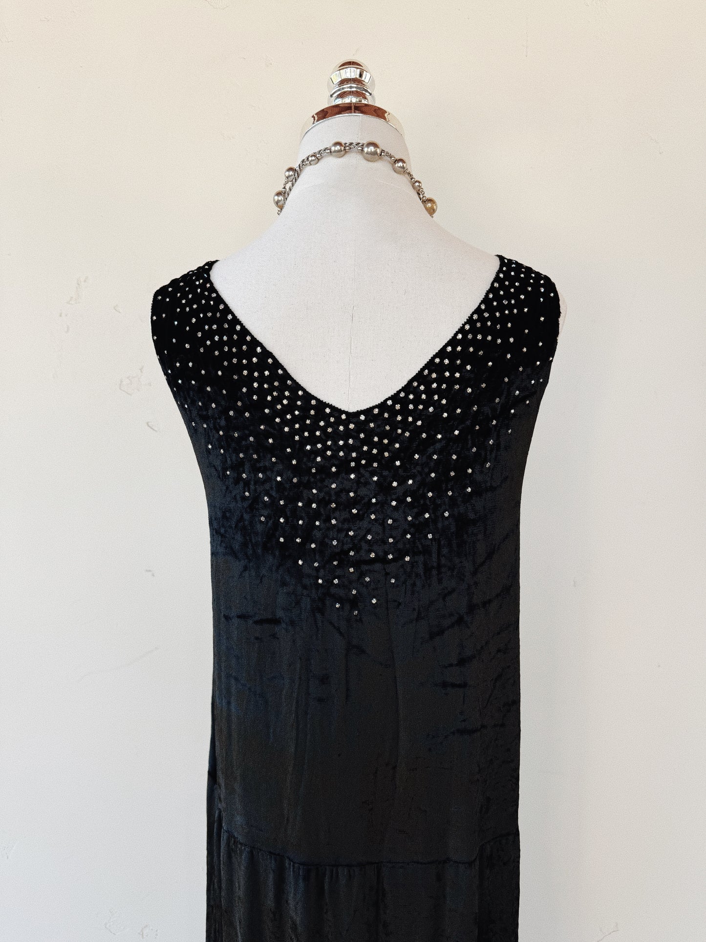 1920s Midnight Black Crushed Silk Velvet Diamenté Dress- S-S/M