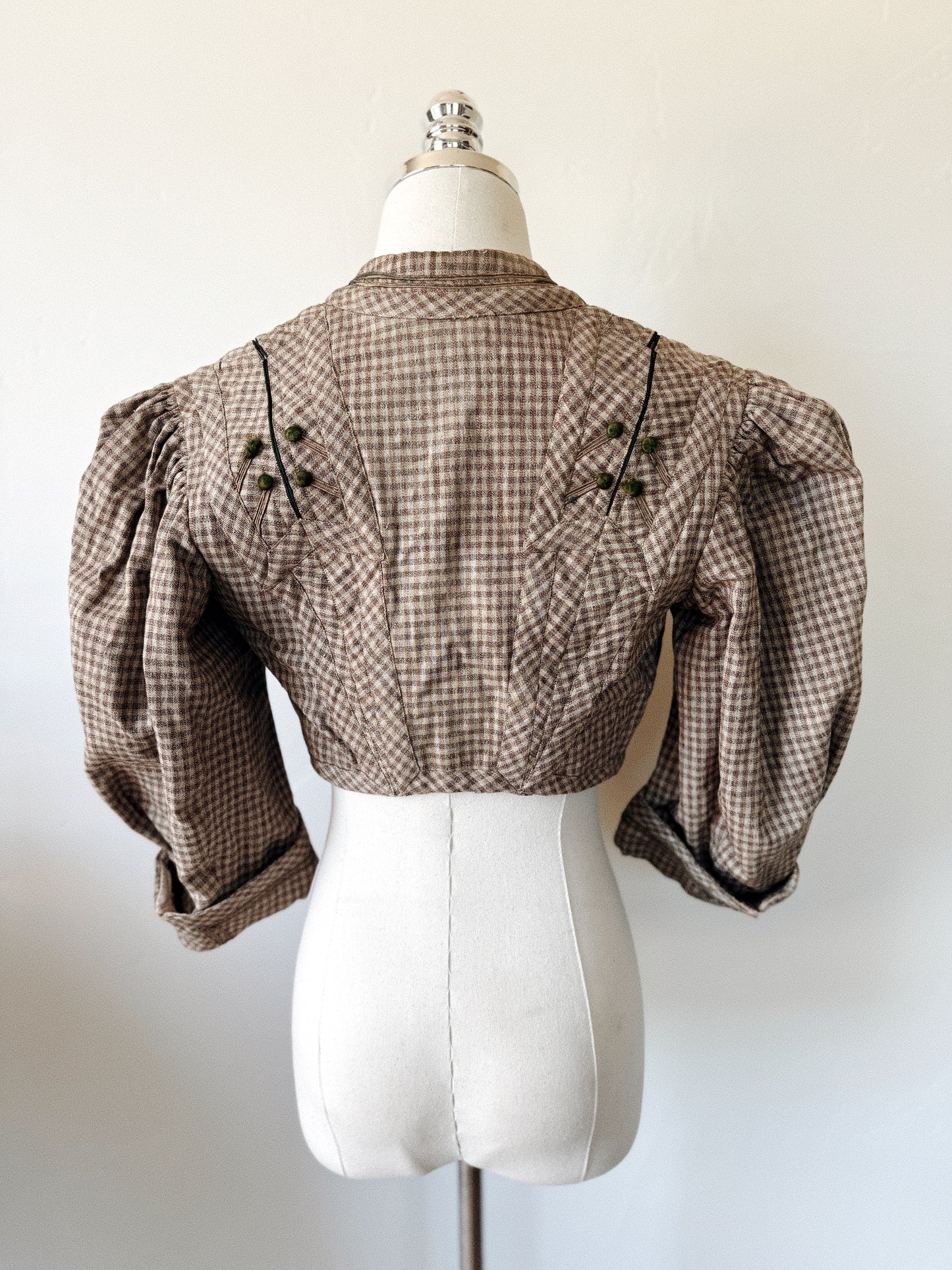 Victorian Gingham Balloon Sleeve Bodice w/ Emerald Silk Buttons- S-S/M