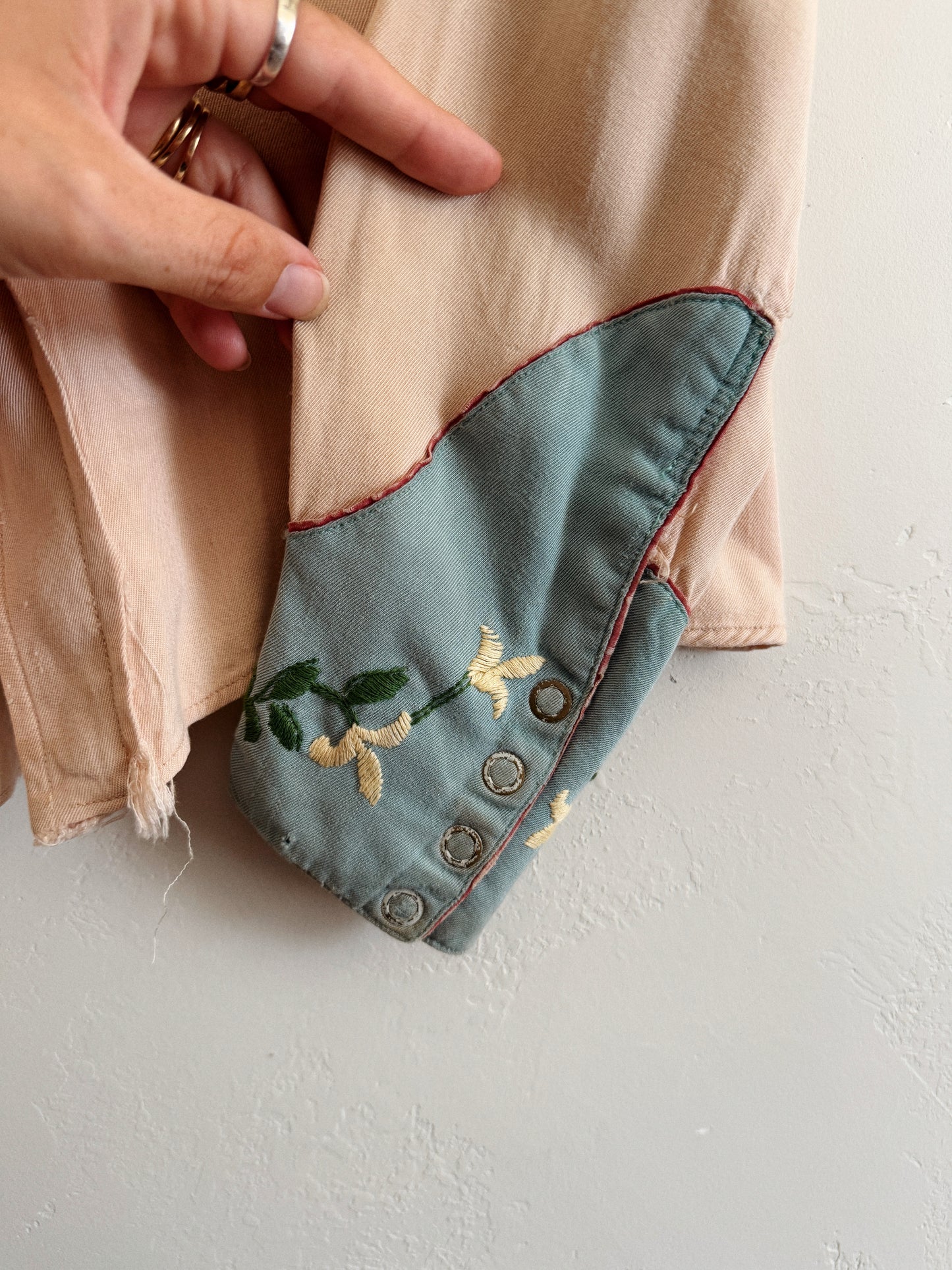 1950s Sky Blue + Purple Embroidered Western Blouse- S/M