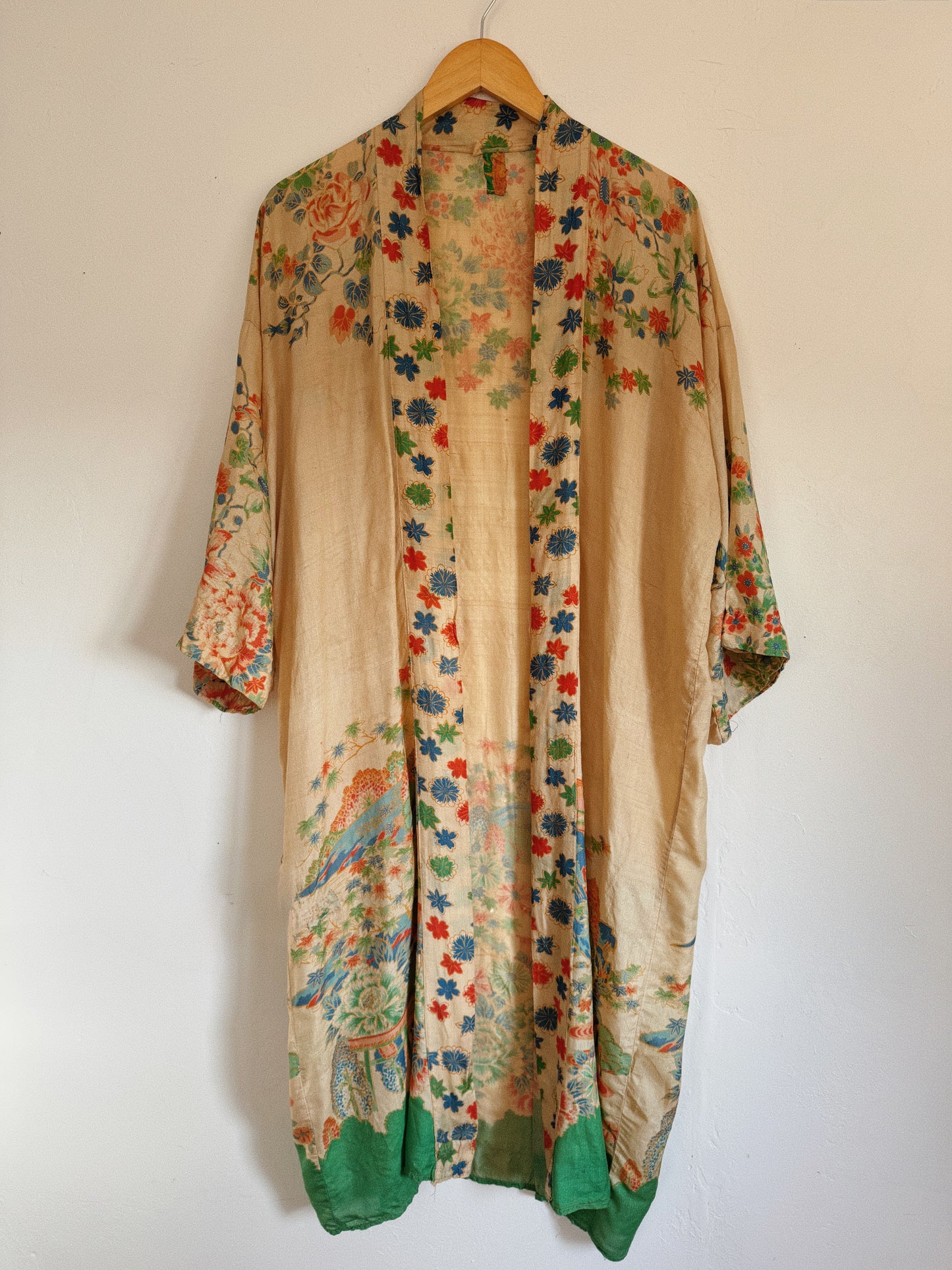 1920s Green Printed Pongee Silk Duster Robe