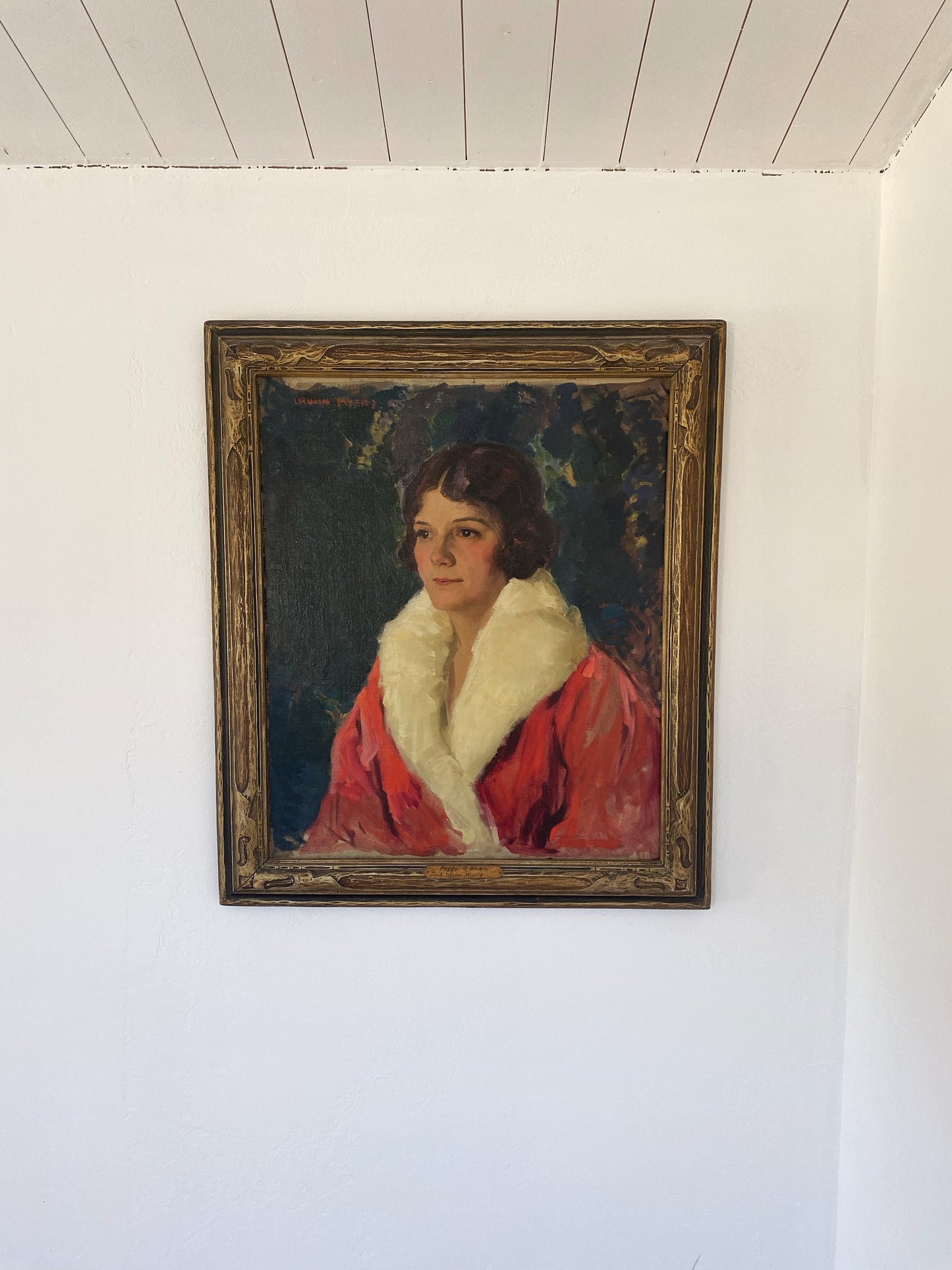 1920s Framed Portrait of A Women in a Coral Opera Coat by Irwin Myers- 25x29”