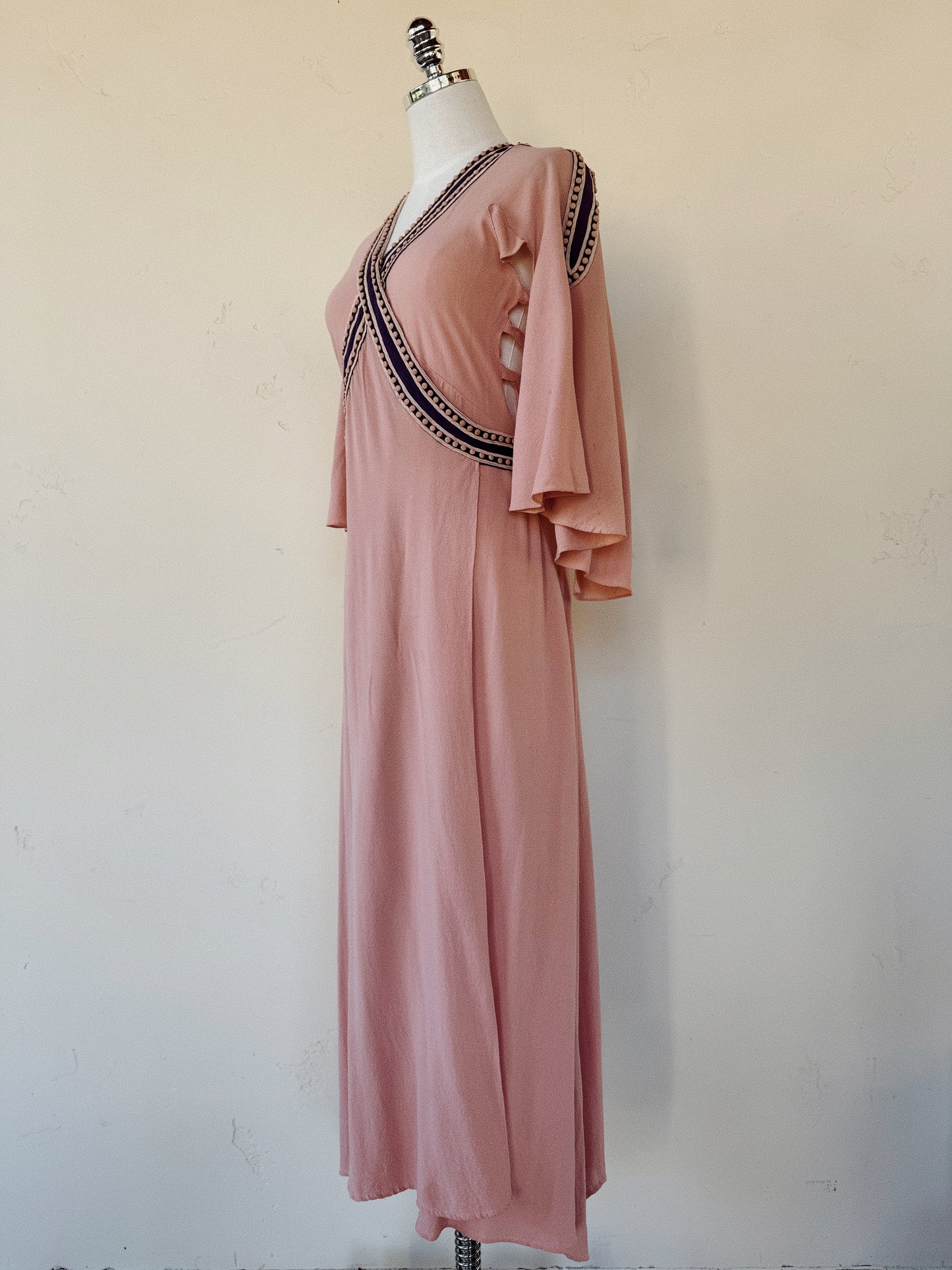 1930s Raspberry + Grape Sherbet Crepe Wrap Dress w/ Studs + Angel Sleeves- S/M