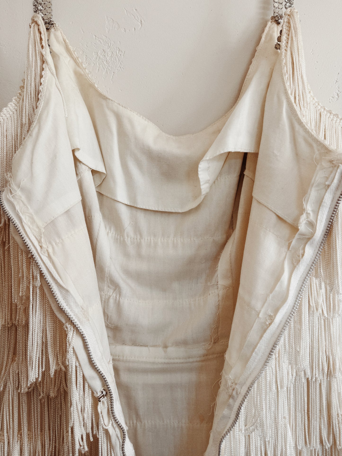 1950s White Tiered Fringe Hourglass Evening Gown- S