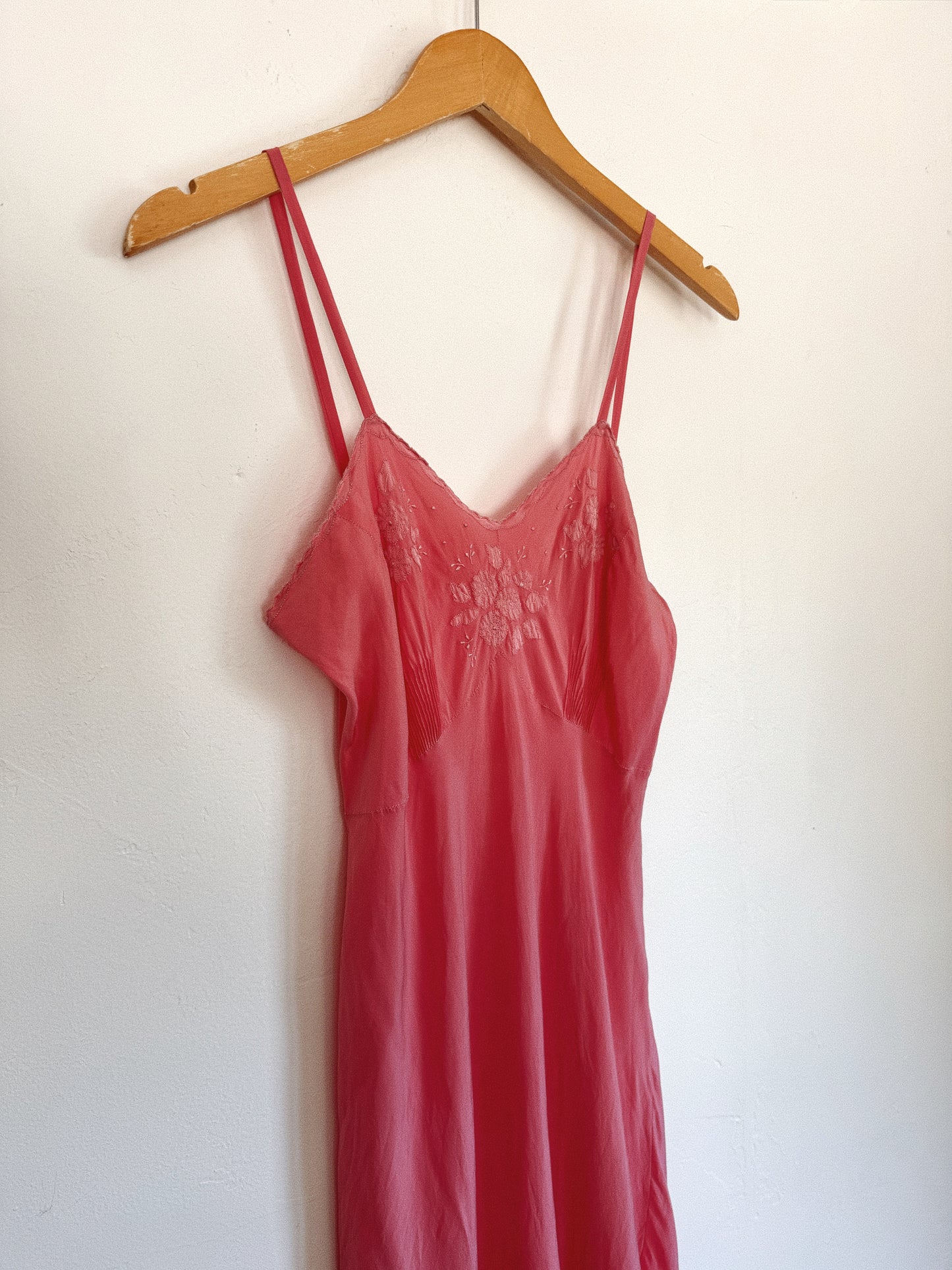 1940s/50s Raspberry Silk Embroidered Floral Slip Dress- S/M