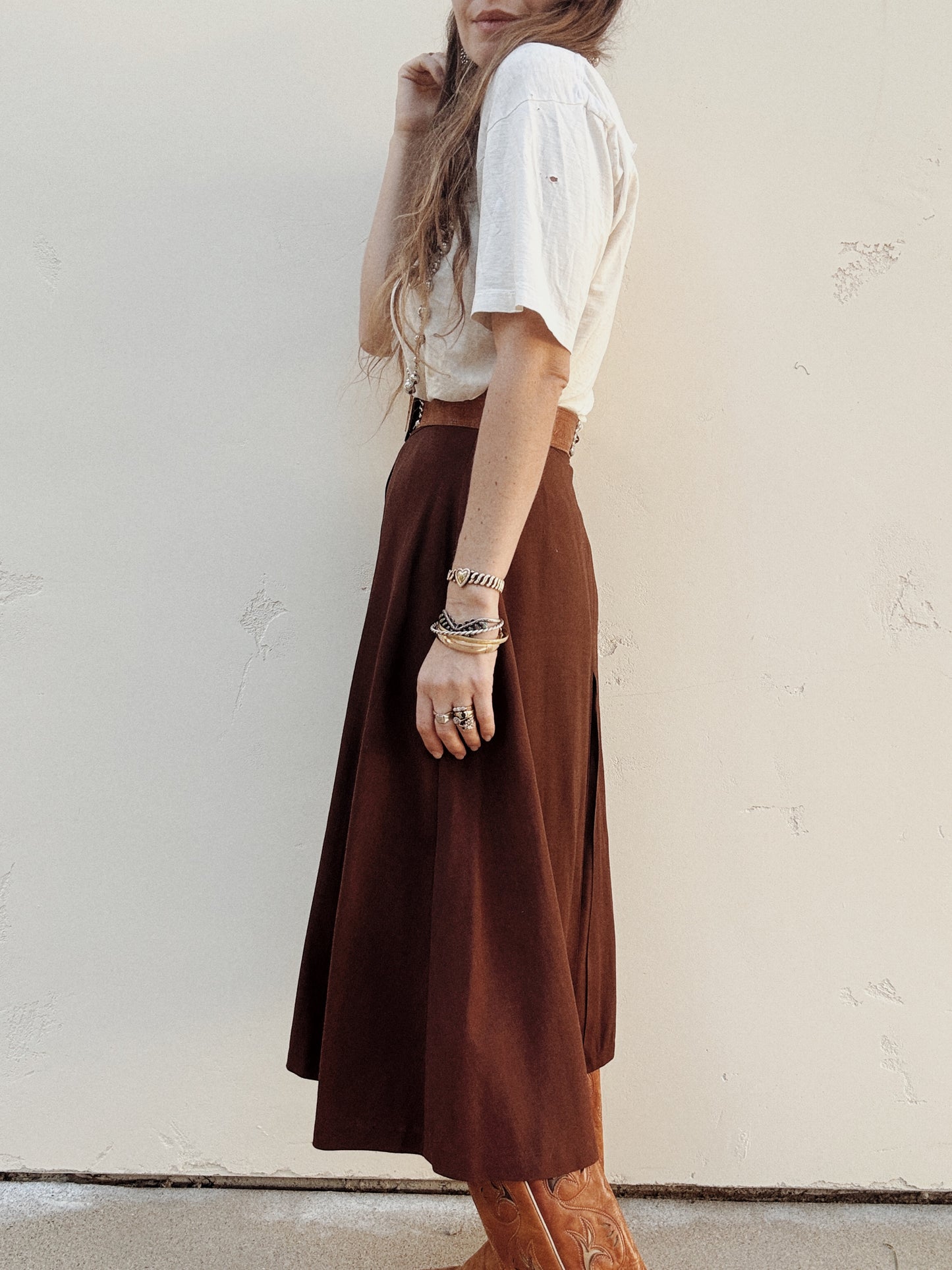 1940s Brown Rayon Gabardine Split Skirt Culotte Pants- S/M