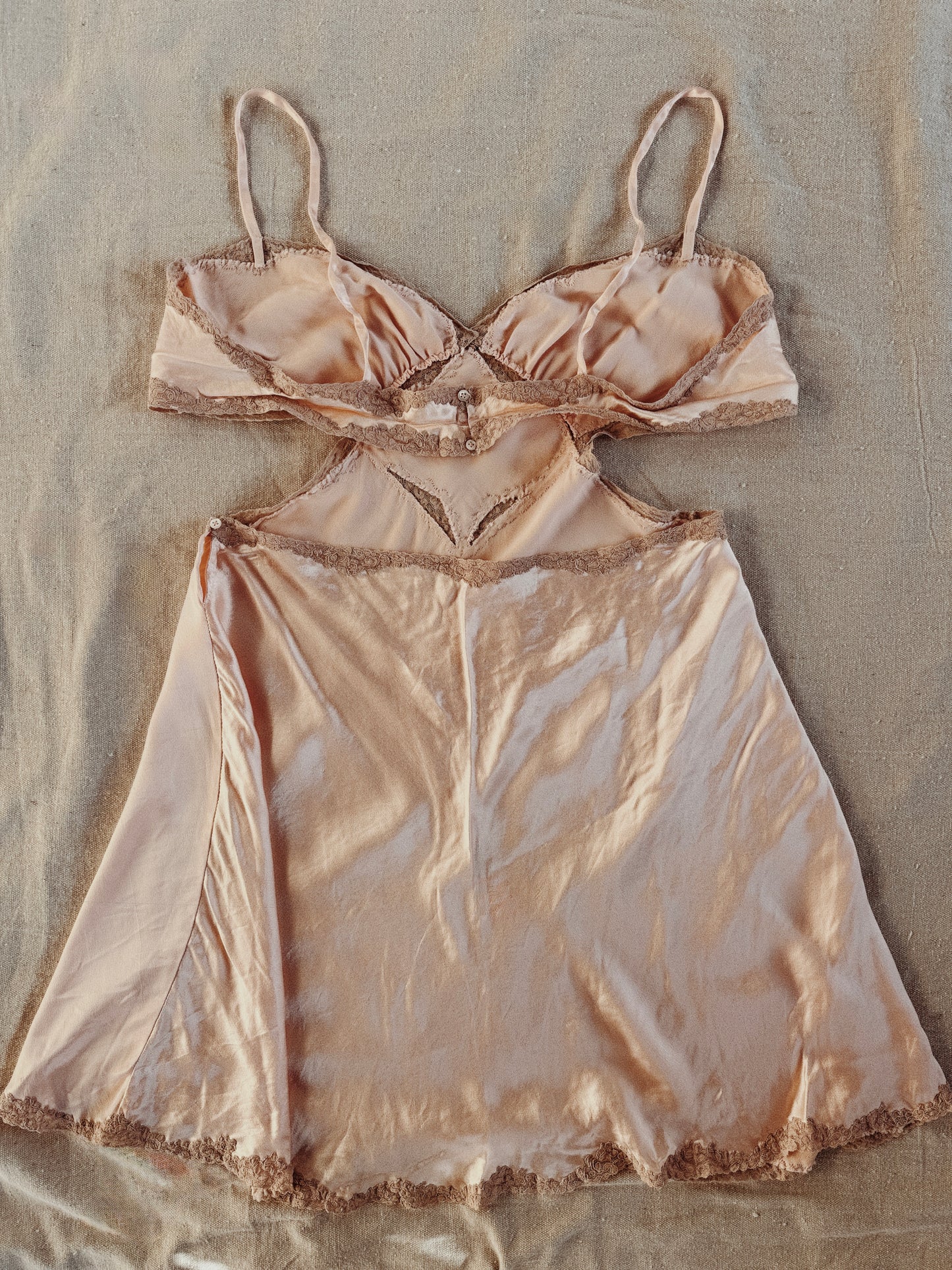 1930s Petal Pink Charmeuse Silk Peek-A-Boo Lingerie- M