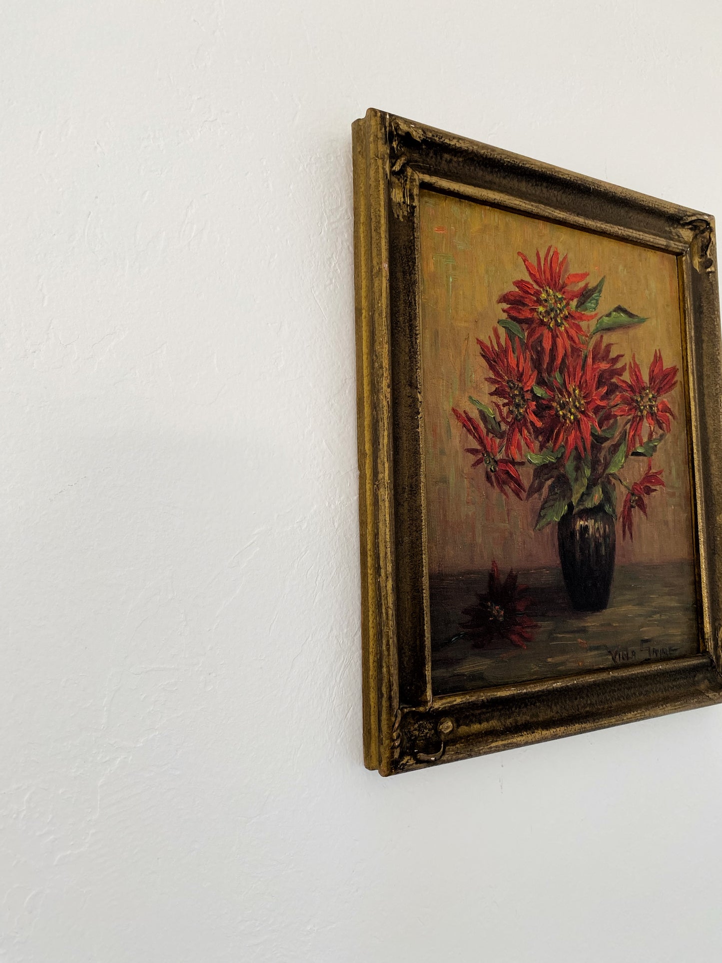 1920s/30s Red Floral Framed Still Life Signed Viola Sayer- 10x12”