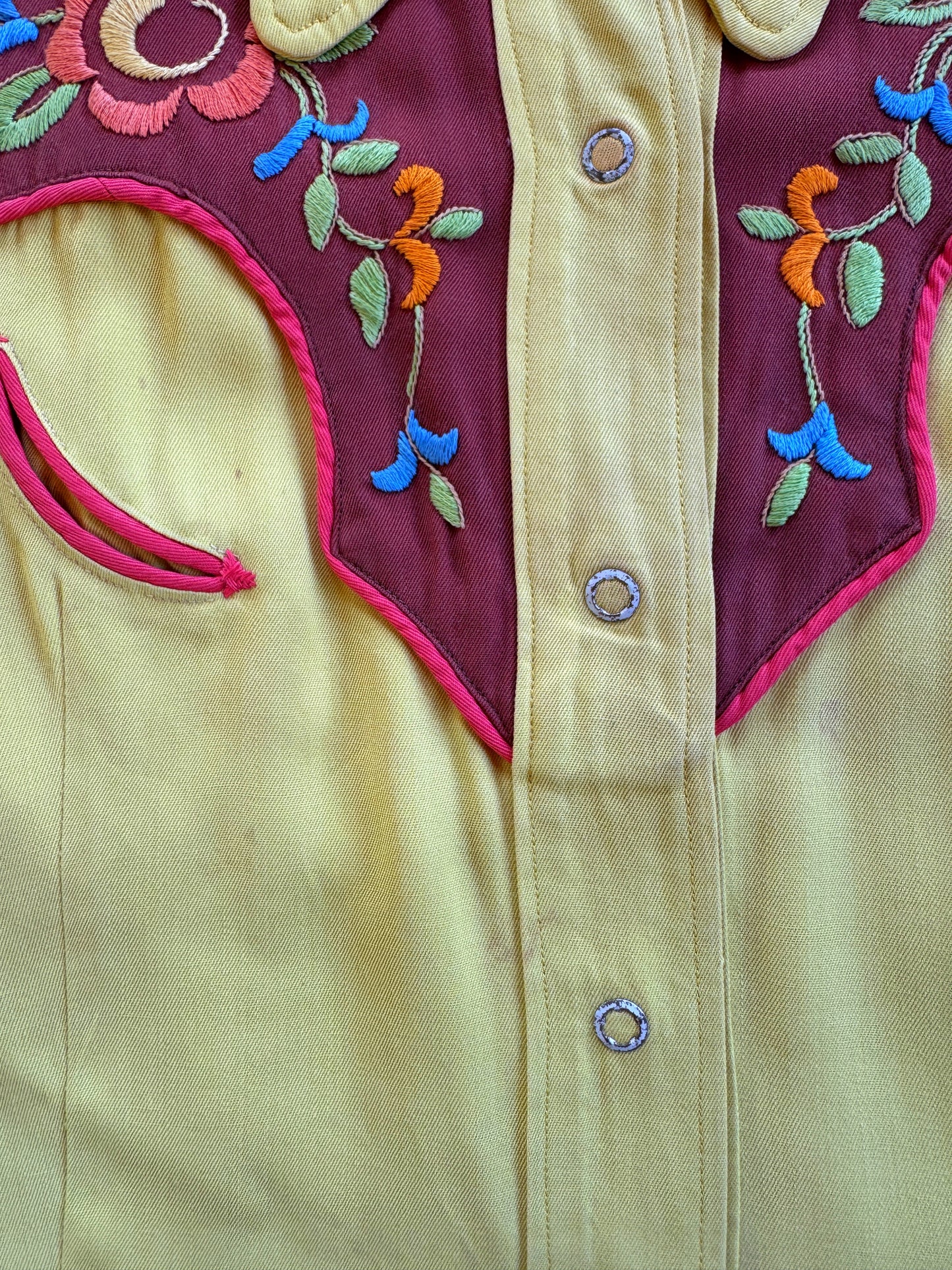 1940s Chartreuse Floral Gabardine Western Blouse- S/M