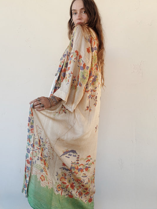 1920s Vibrant Green + Orange Pongee Silk Long Duster Robe