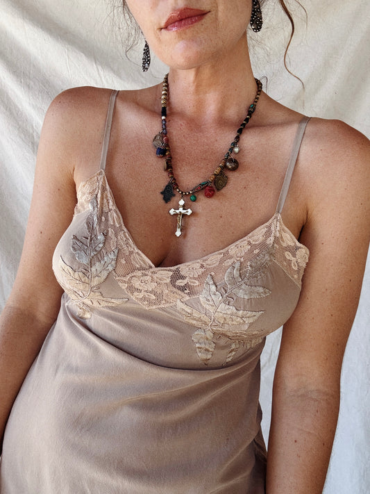 1930s Creamy Mocha Silk Slip Dress w/ Lace + Foliage Appliqué- S