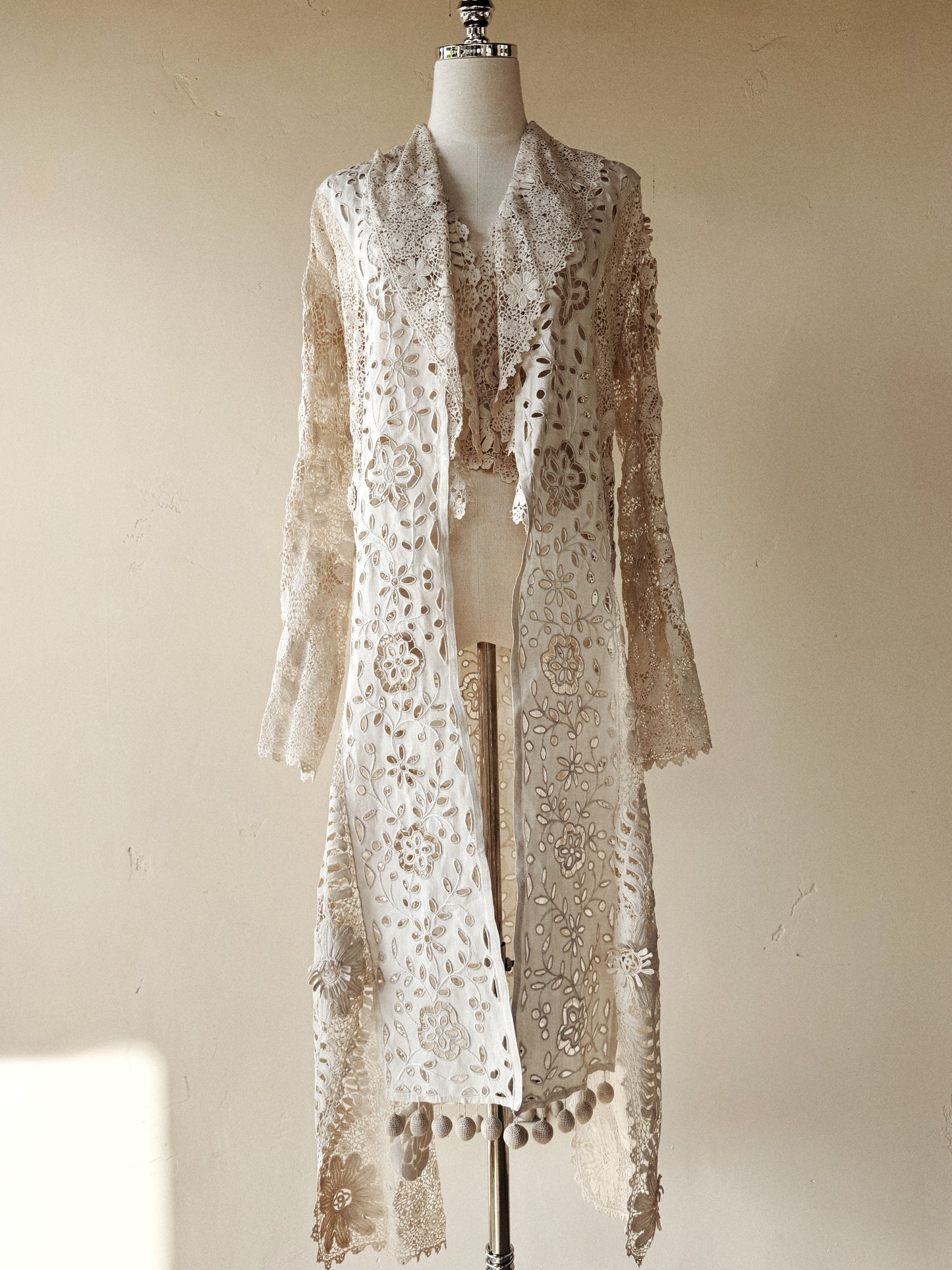 Rare Edwardian Irish Crochet Duster Coat w/ Pom Poms- M