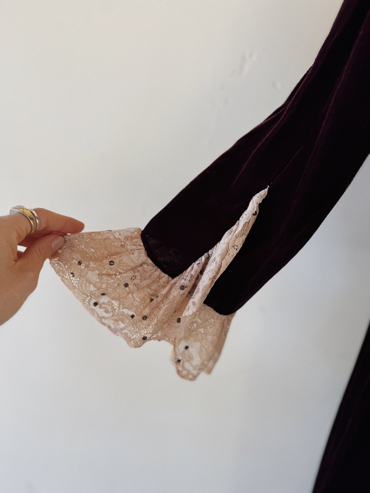 1930s/40s Aubergine Velvet + French Lace Dress w/ Rhinestones- S/M