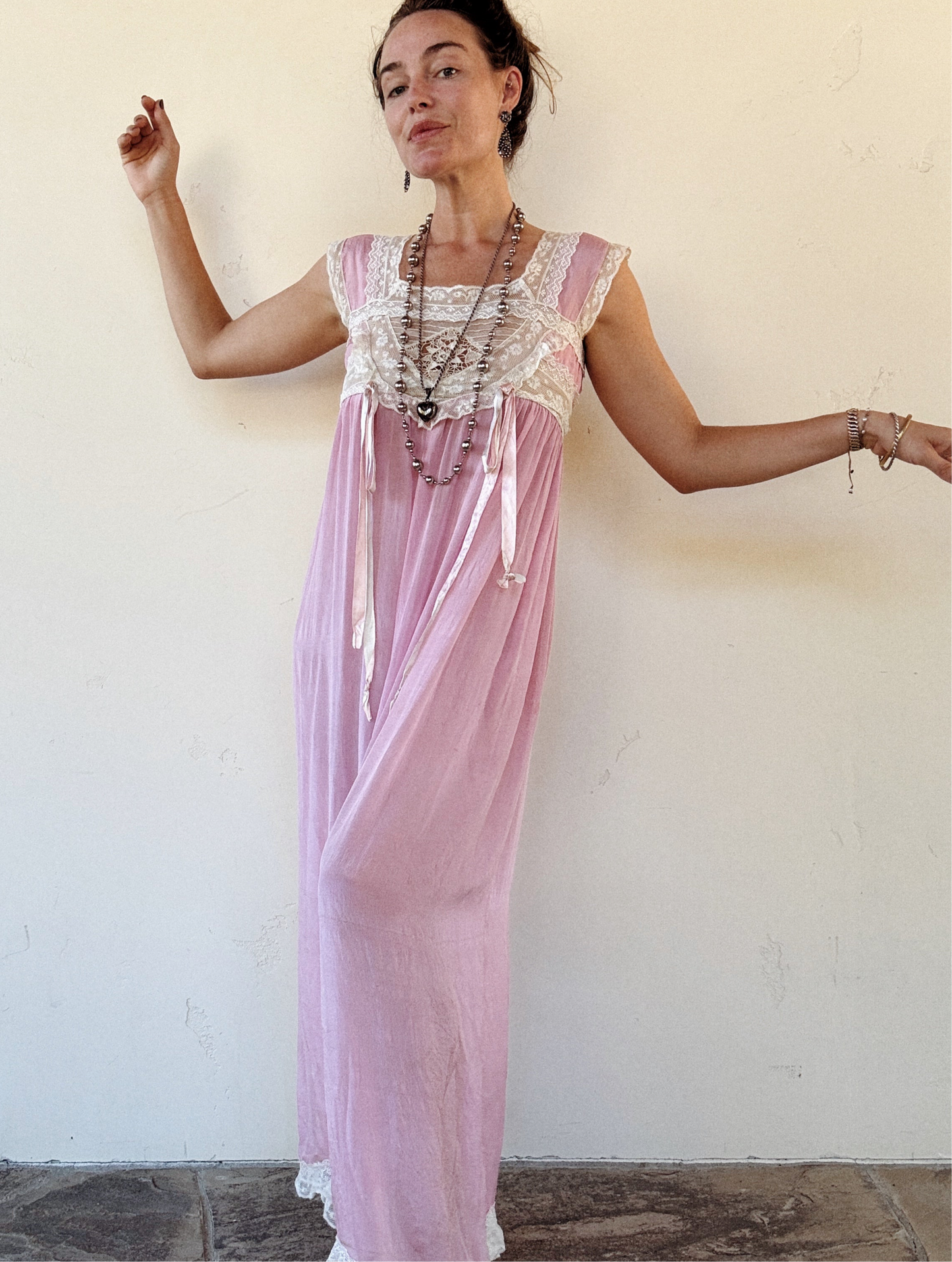 Edwardian Lavender Silk + Lace Nightgown Dress- S/M