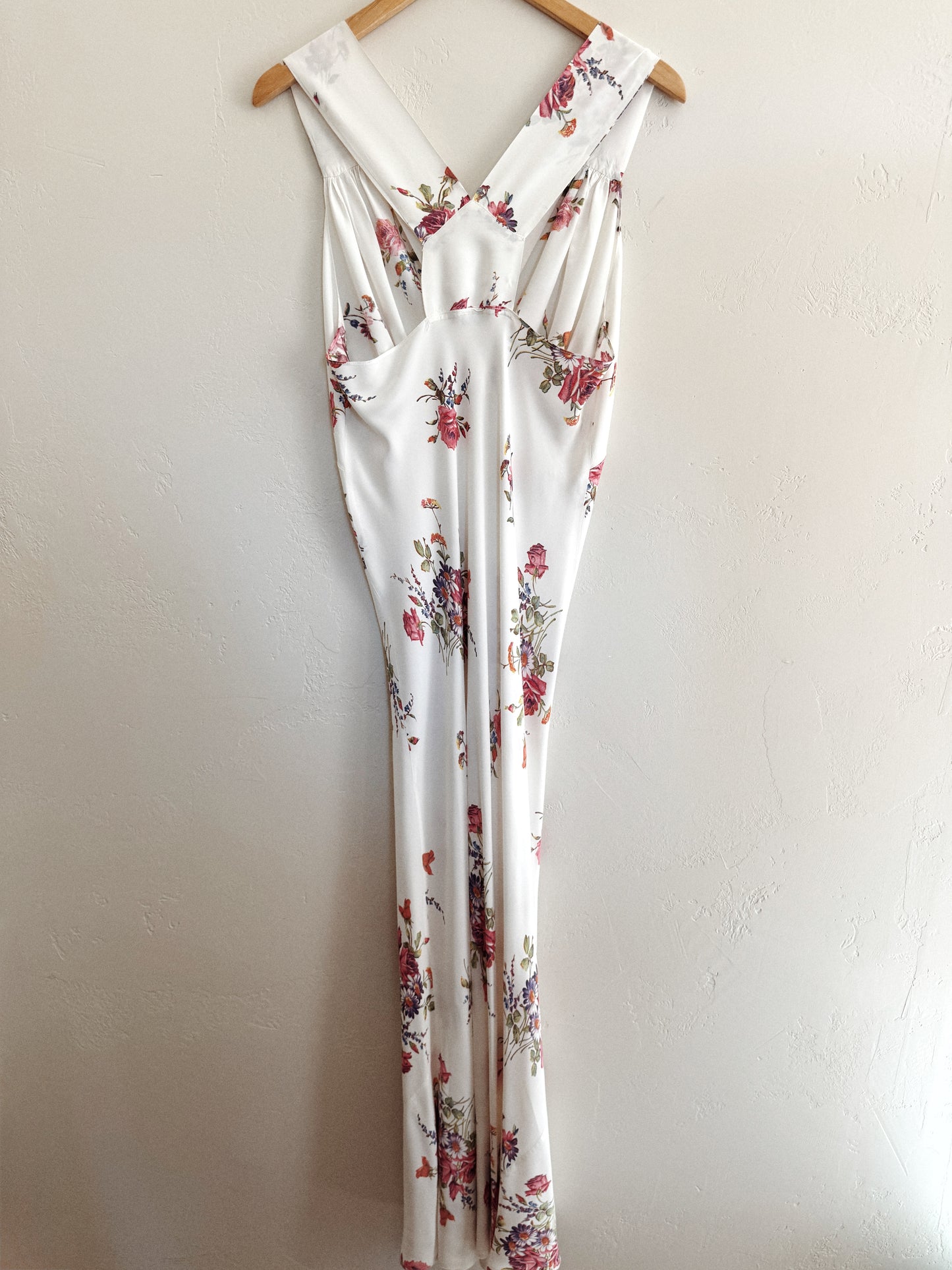 1940s White Cold Rayon Floral Razor Back Slip Dress- L