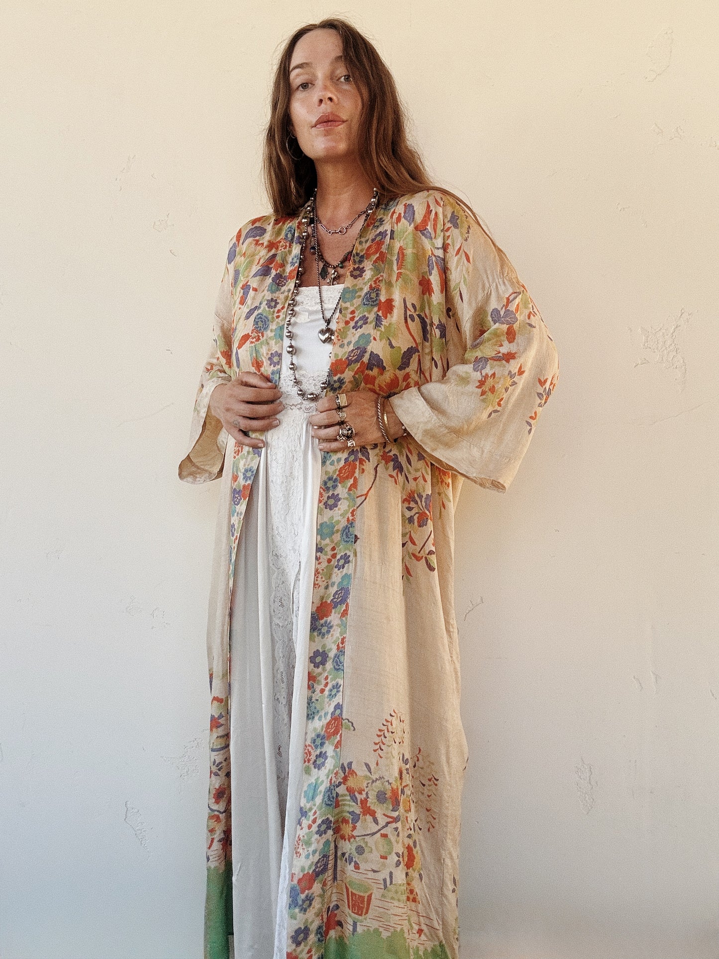 1920s Vibrant Pongee Silk Long Duster Robe