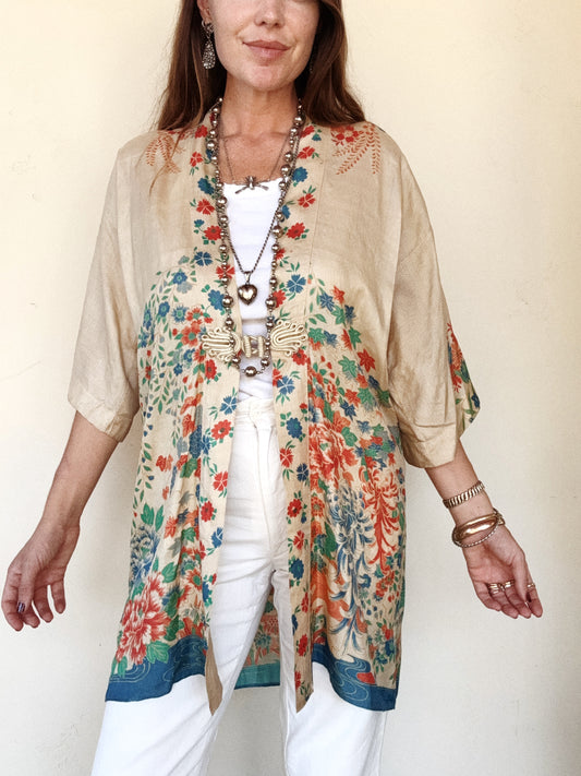 1920s Vivid Pongee Silk Duster Jacket w/ Frog Closure