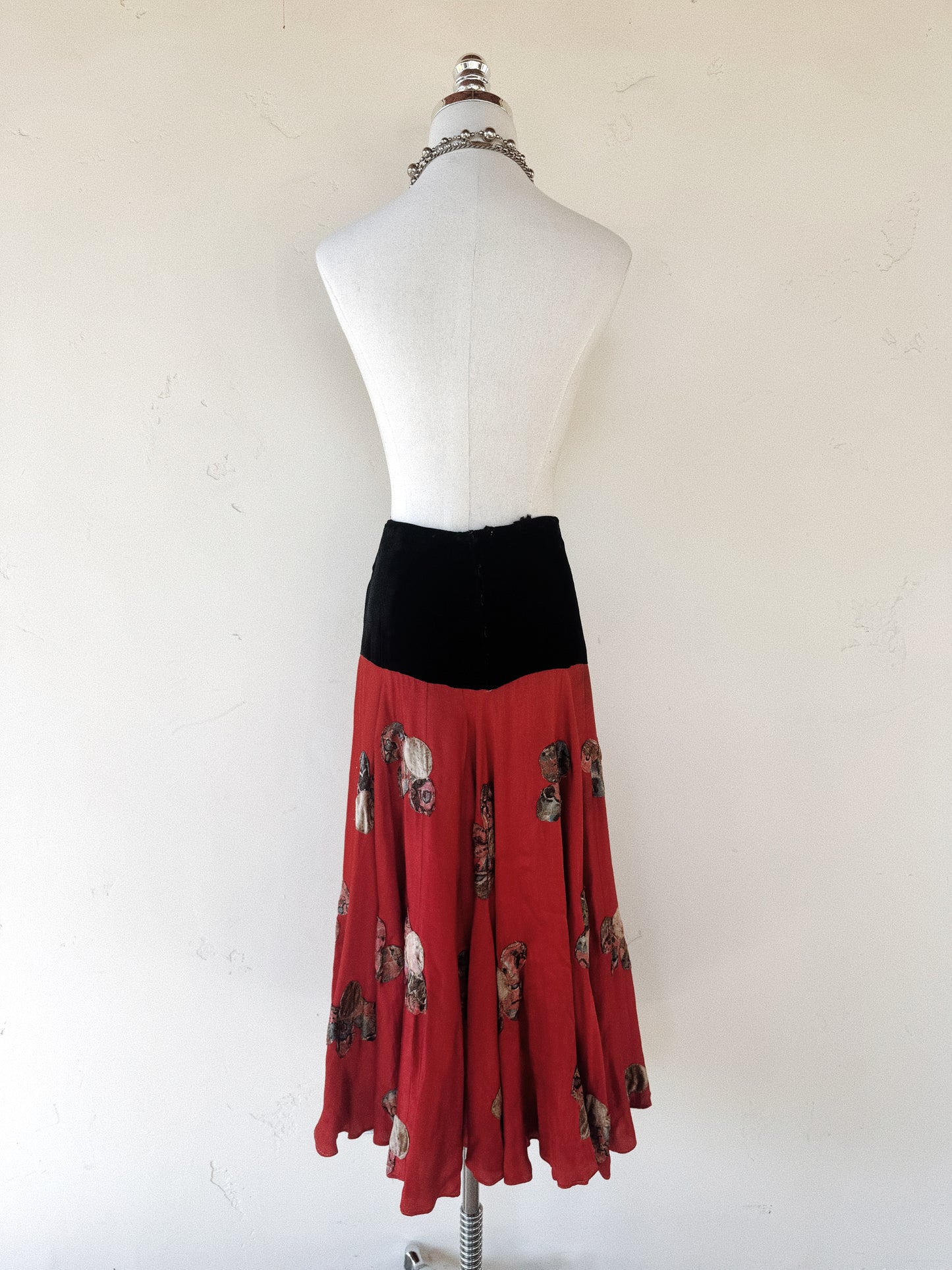 1920s/30s Black Velvet Gypsy Skirt w/ Lamé Floral Appliqué- S