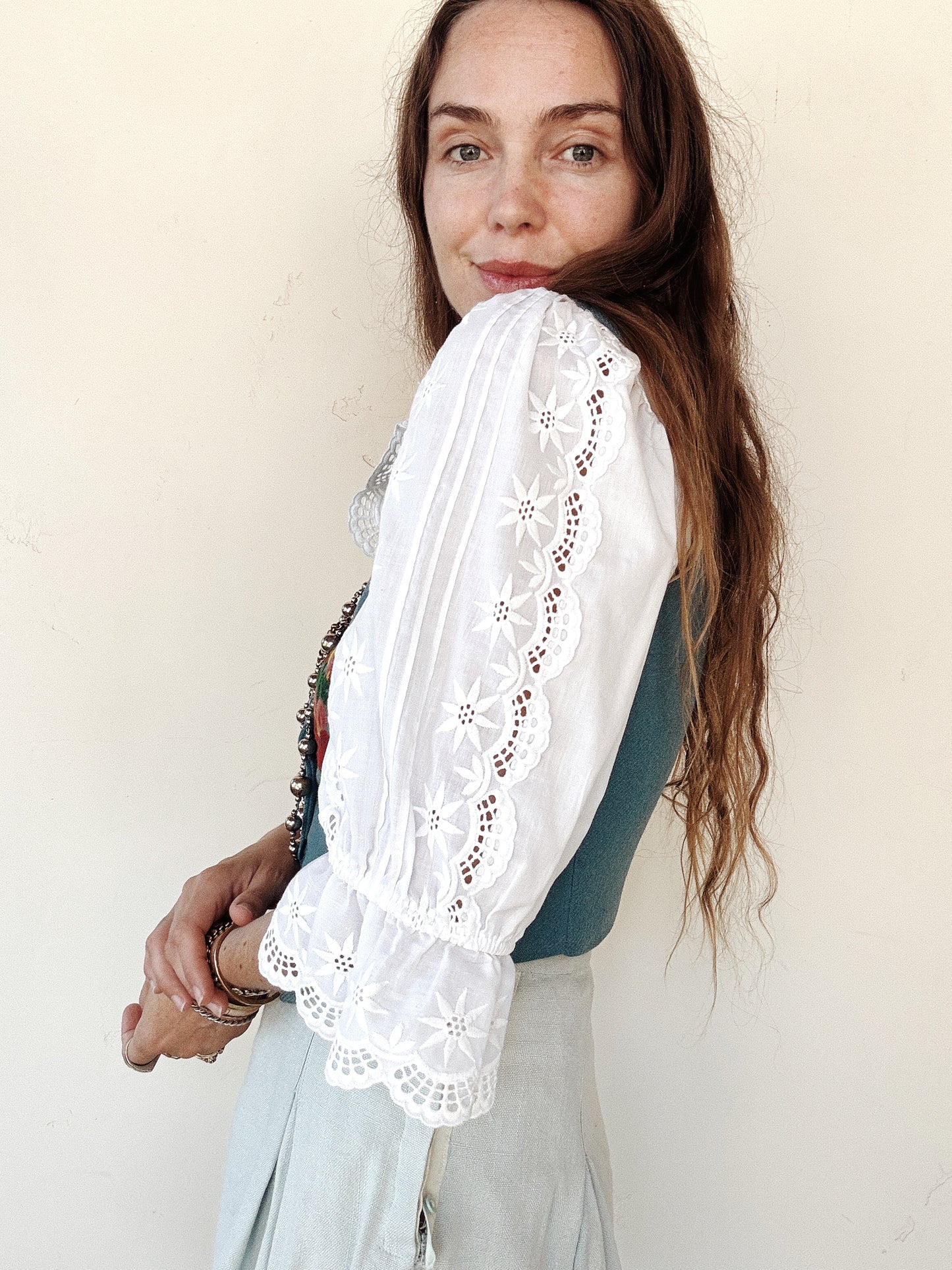1930s/40s Cornflower Blue Embroidered Floral Waistcoat Vest- S/M
