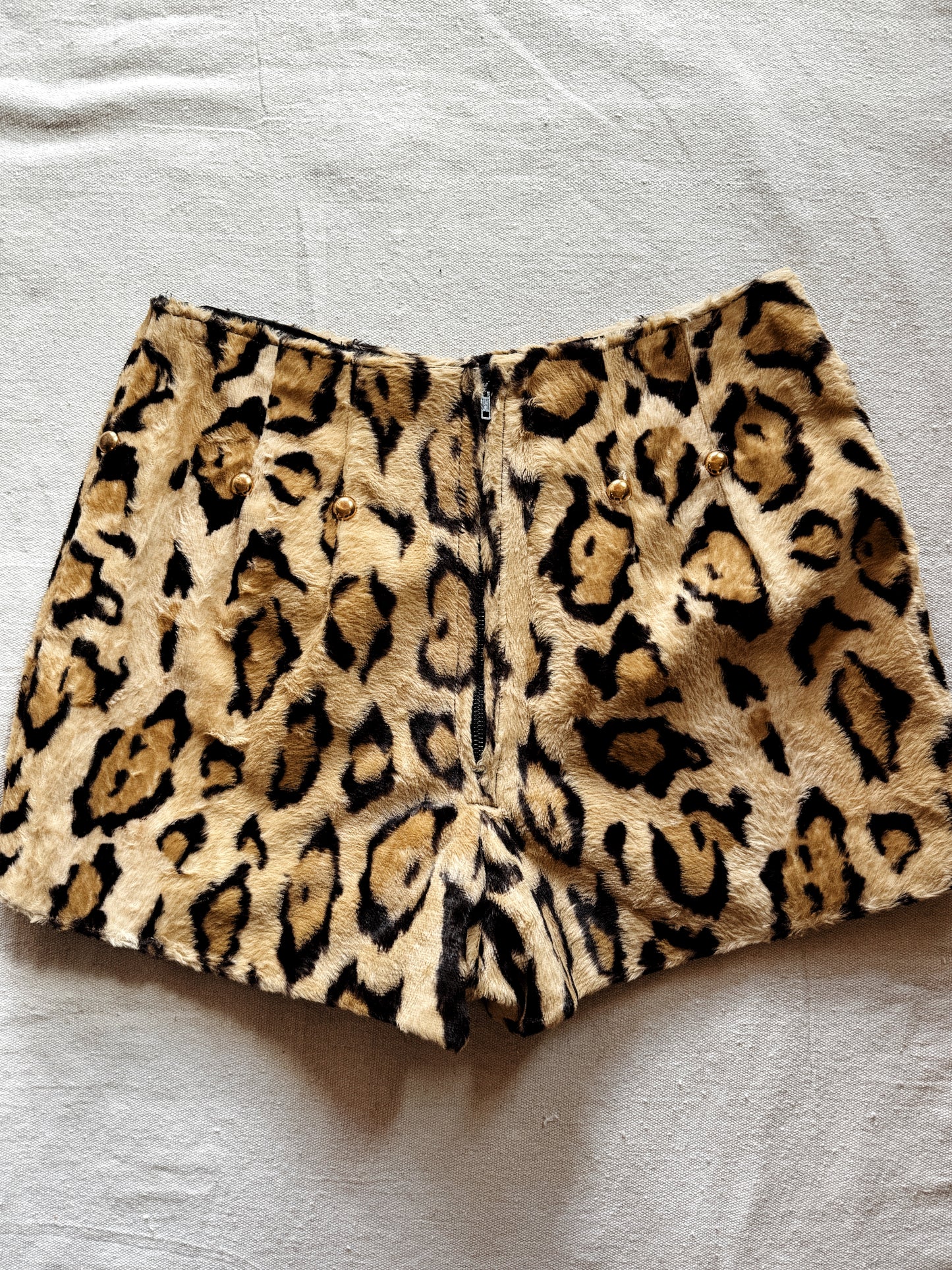 1950s Rare Leopard Faux Fur Short Ensemble w/ Brass Studs- S-S/M