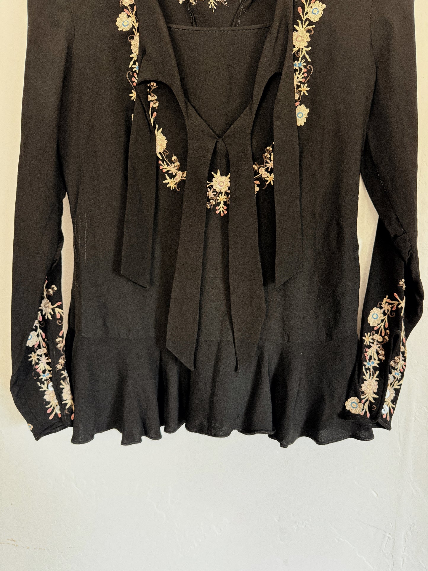 1930s Exquisite Black Embroidered Blouse- XS
