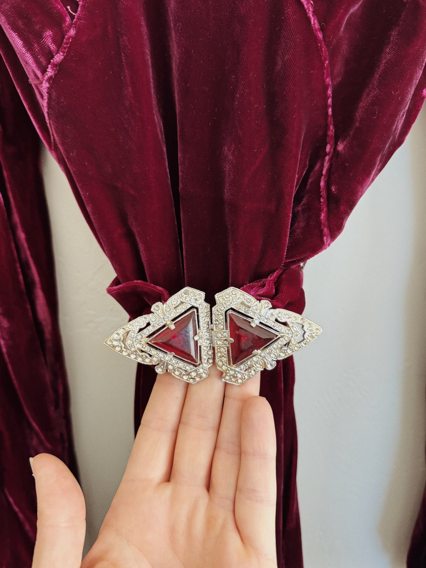 1930s Mulberry Ruched Silk Velvet Gown w/ Balloon Sleeves- S/M