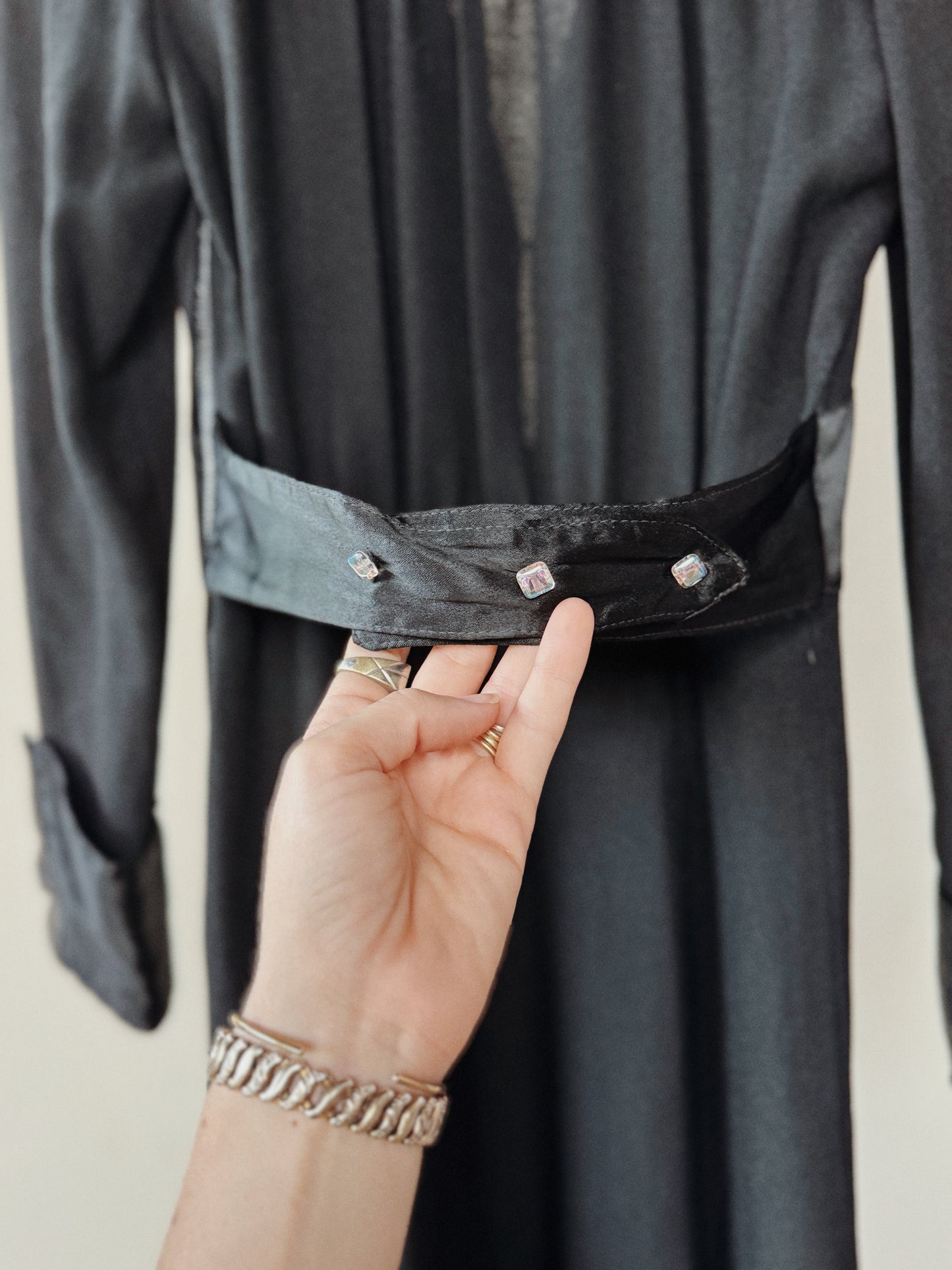 1970s Ossie Clark Black Moss Crepe Dress- S