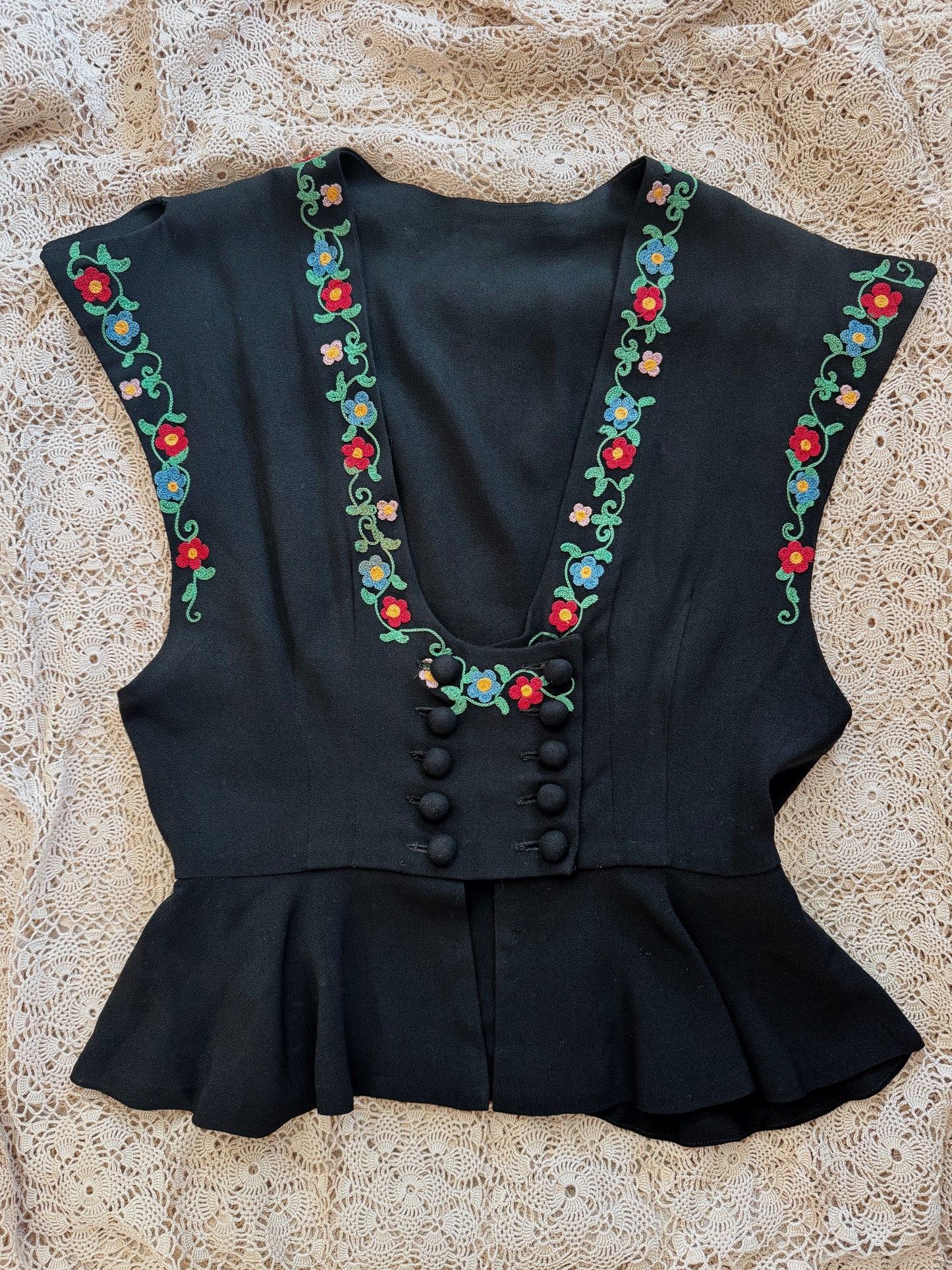 1940s Black Floral Embroidered Cropped Peplum Blouse- S-S/M