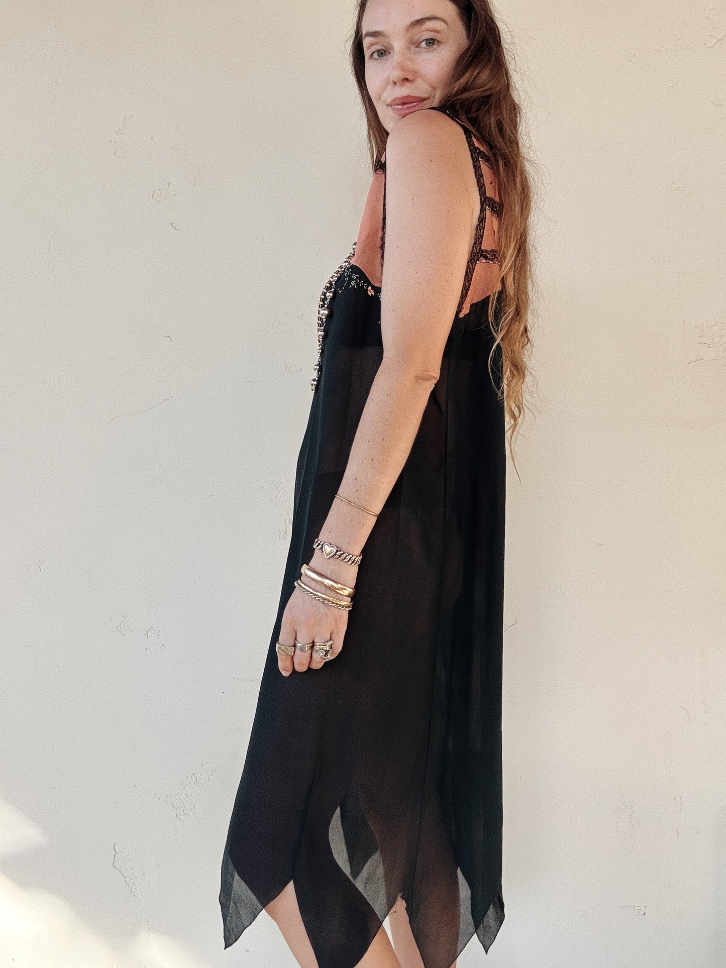 1920s Black Chiffon + Salmon Embroidered Shift Dress w/ Handkerchief Hem- M