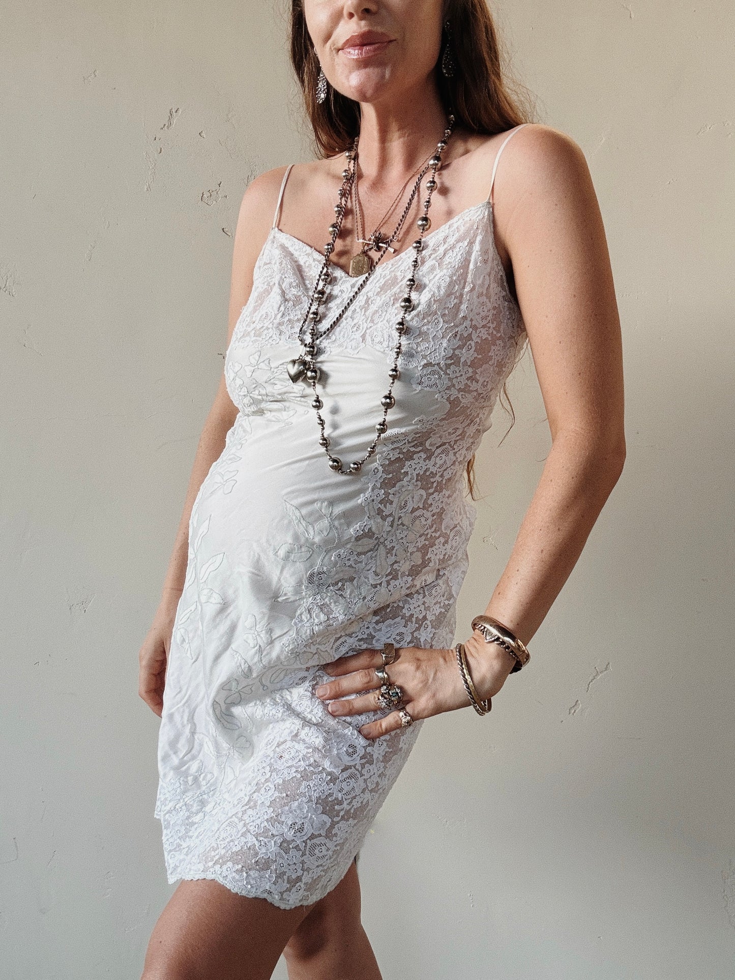 1940s/50s Ultra Pure White Lace + Silk Slip Dress w/ Pale Blue Flowers- S-M