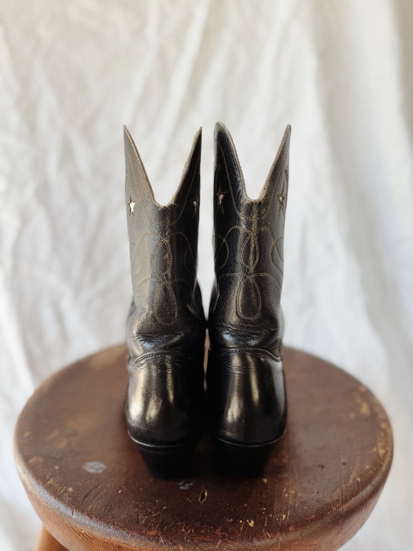 1940s/50s Black Pee Wee Cowboy Boots w/ Crescent Moon + Star Inlay- 9/9.5