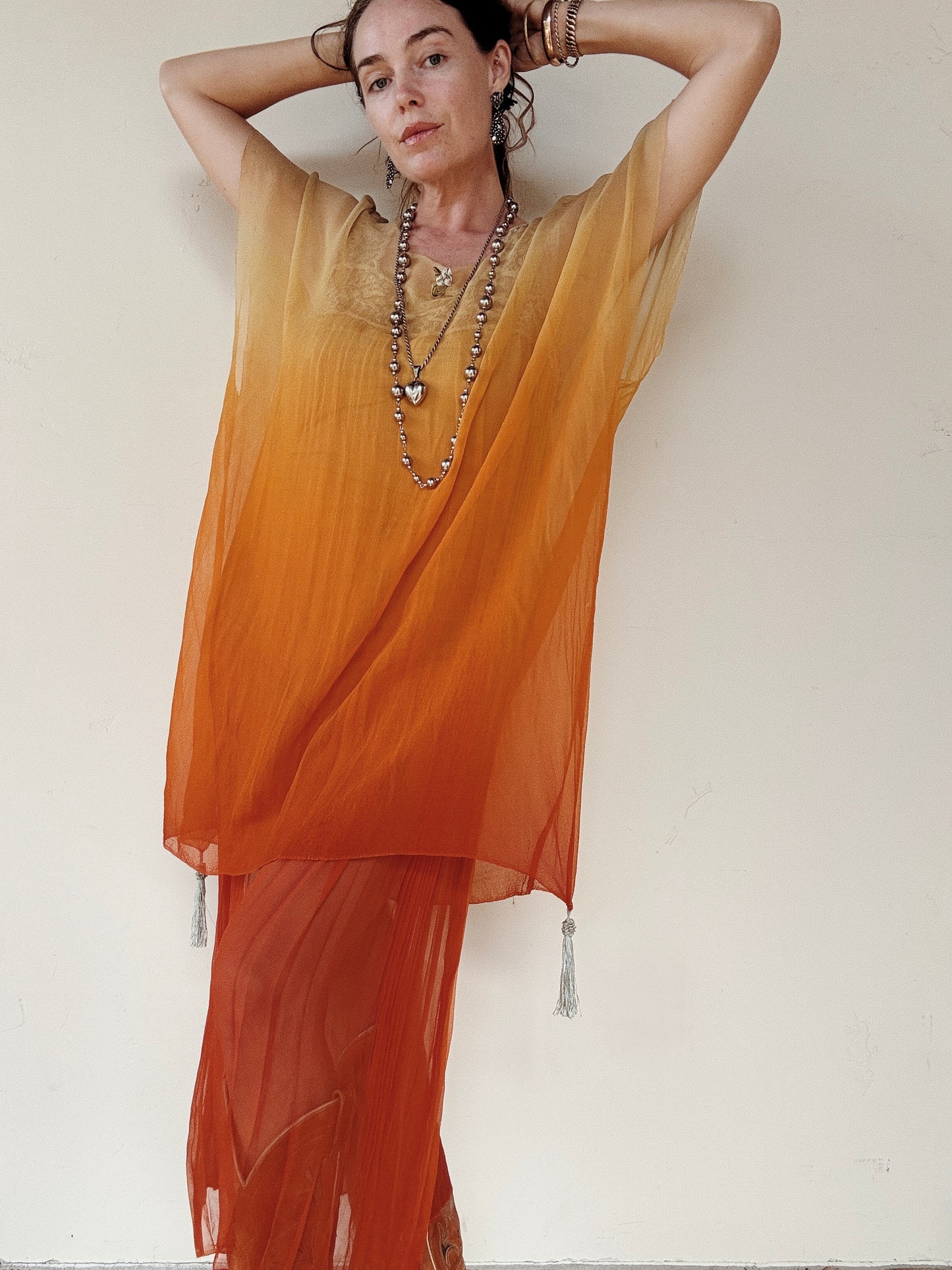 1920s Radiant Orange Ombré Silk Chiffon Ensemble- S/M
