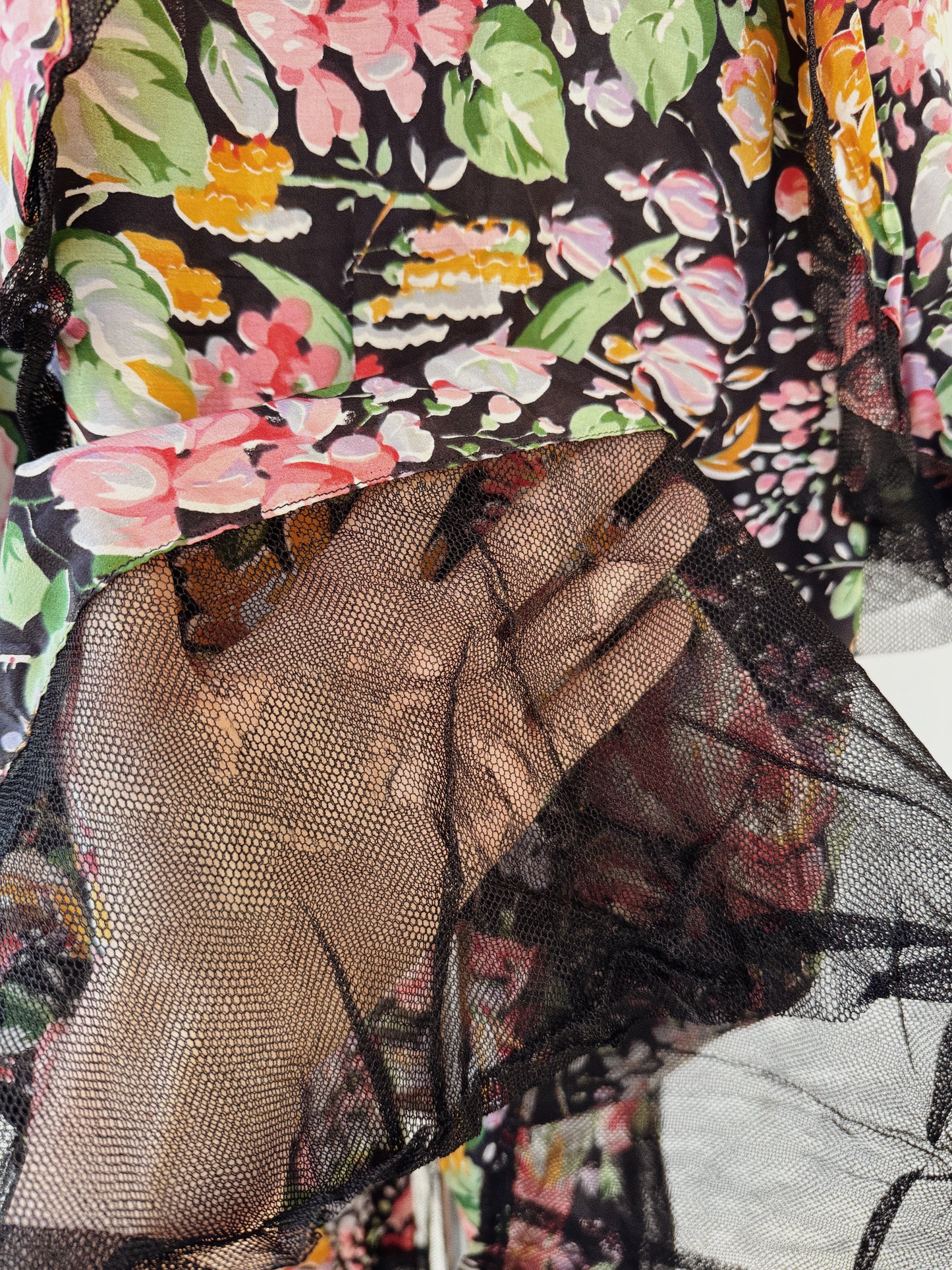 1930s Black Multicolor Floral Silk Gown w/ Mesh Trim- S/M