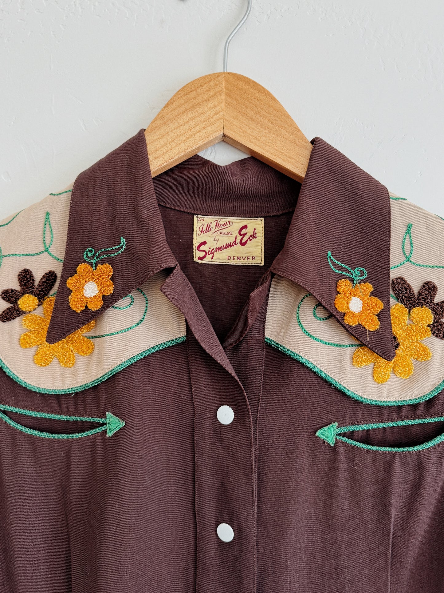 1940s Brown Daisy Gabardine Western Top- M