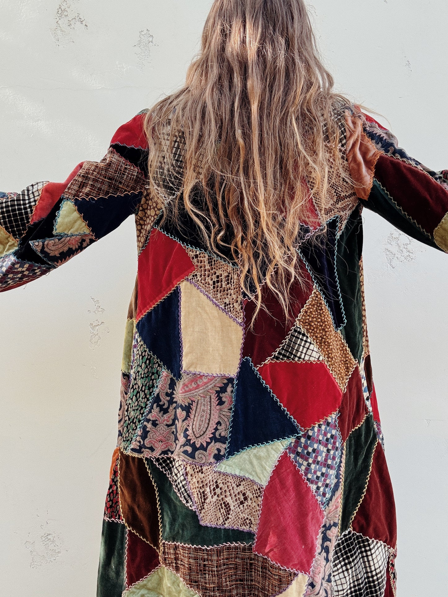 1930s/40s Velvet Crazy Quilt Patched Duster Coat