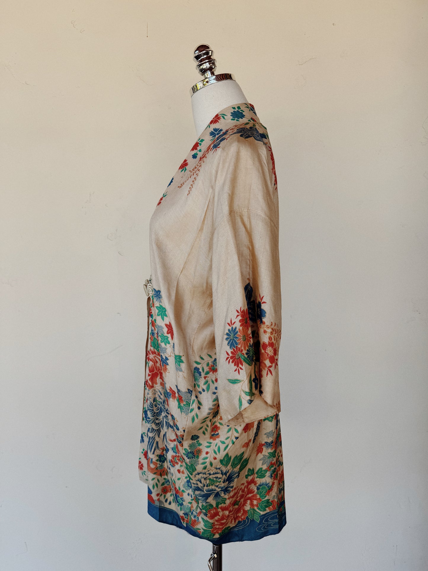 1920s Vivid Pongee Silk Duster Jacket w/ Frog Closure