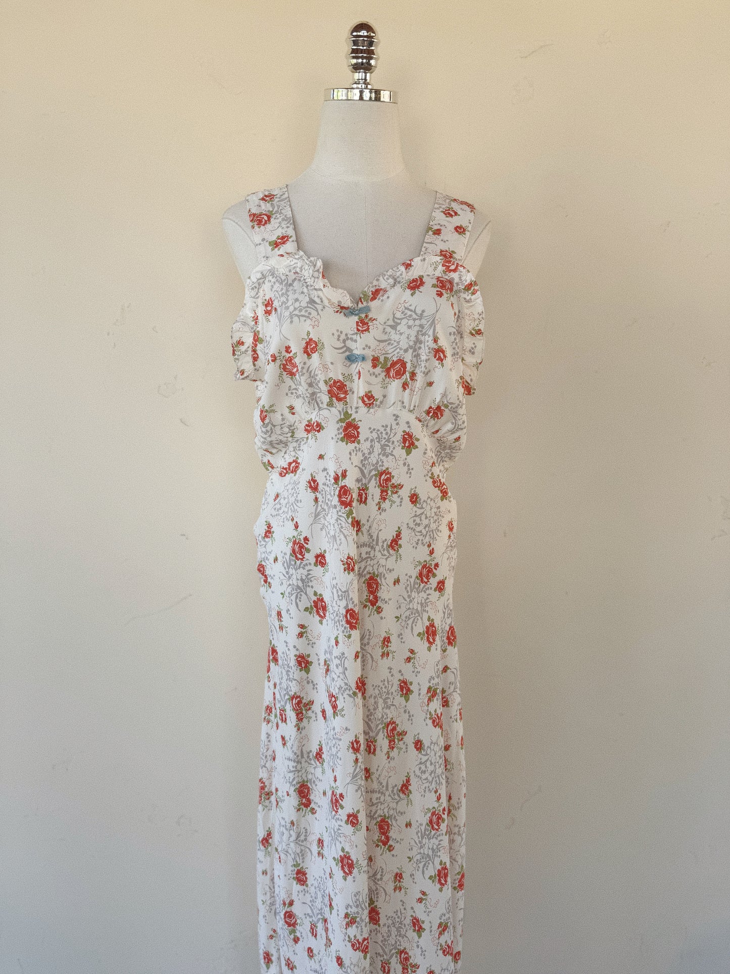 1940s Rose + Lily of the Valley Ruffle Cold Rayon Slip Dress w/ Blue Bows- M-M/L