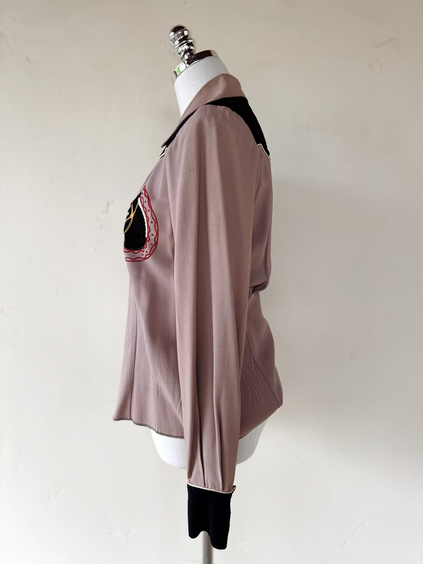 1940s Mauve + Black Horse Chain Stitched + Studded Top- S/M