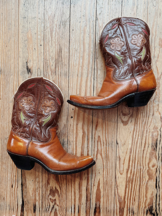 1950s Pee Wee Cowboy Boots w/ Tooled Floral Inlay- 8