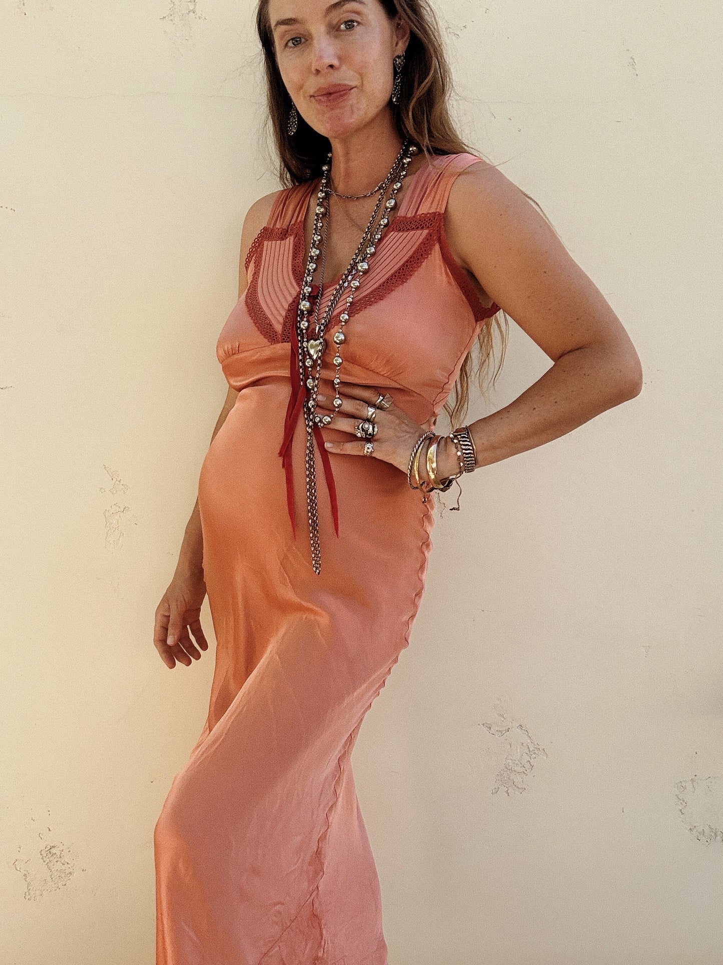 1940s Rusty Coral Rayon Slip Dress w/ Circular Lace- S-S/M