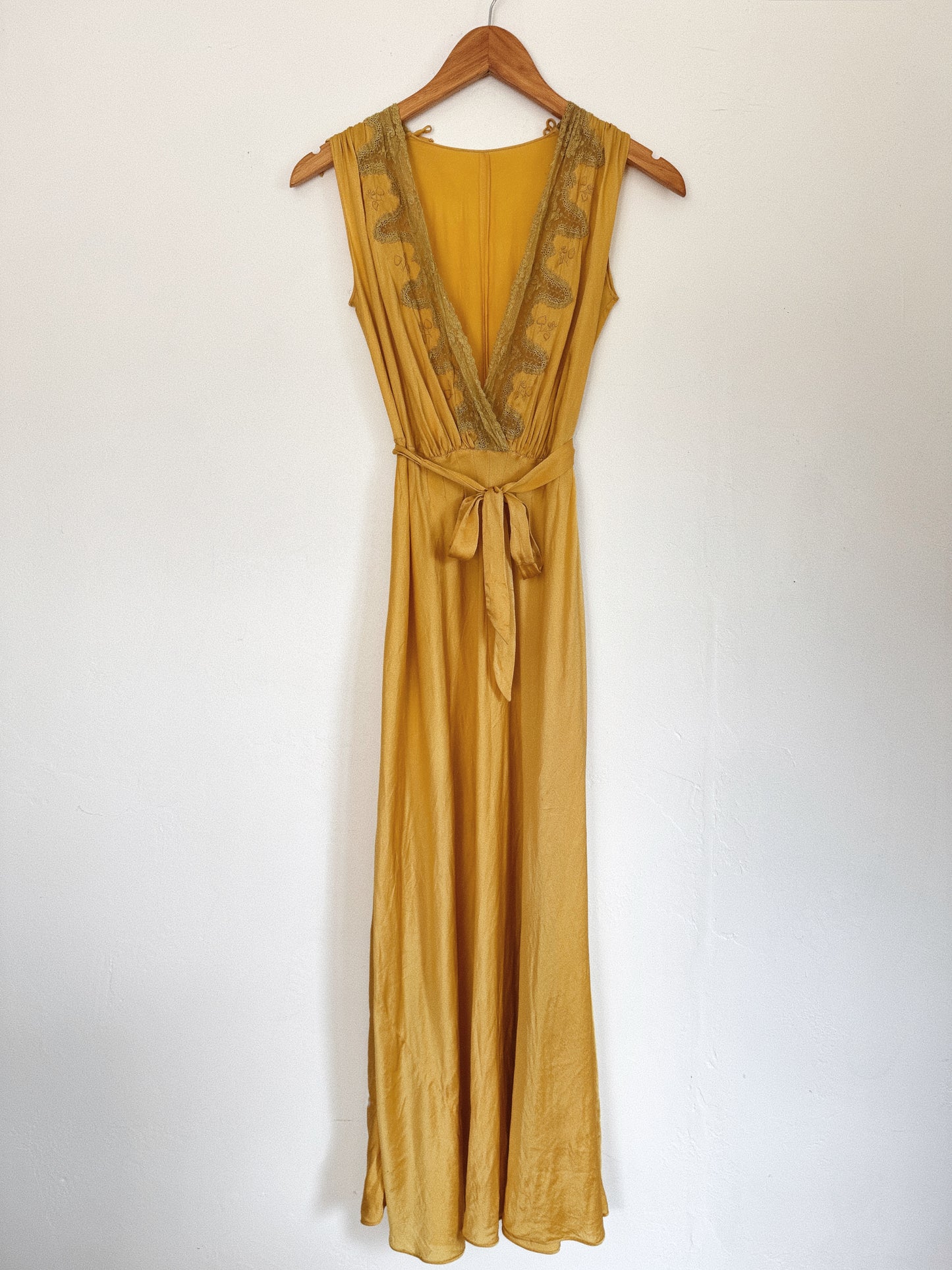 1930s Golden Saffron Silk Clover Embroidered Slip Dress- S-S/M