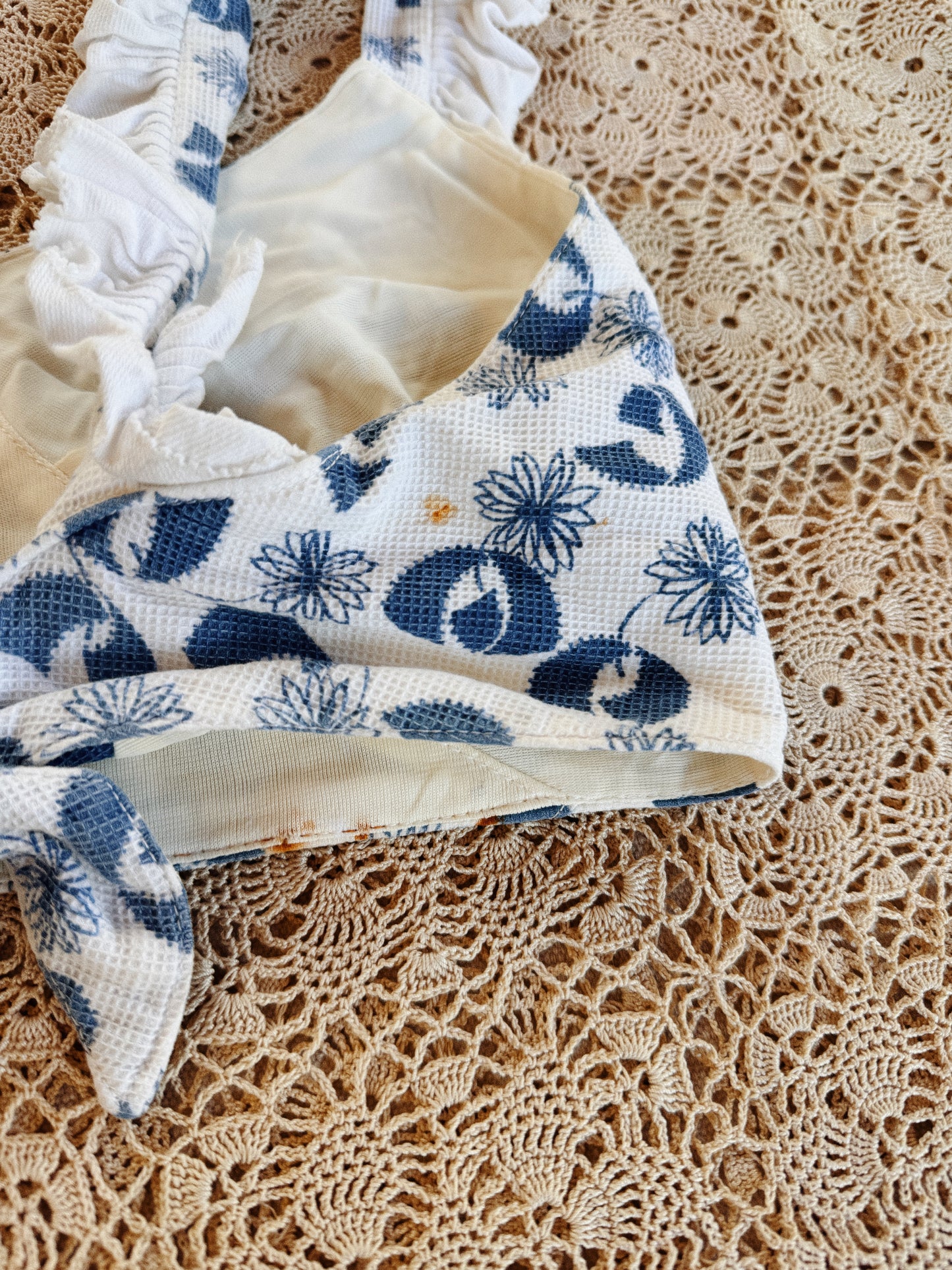 1930s White + Blue Piqué Floral + Ruffle Play Set- S