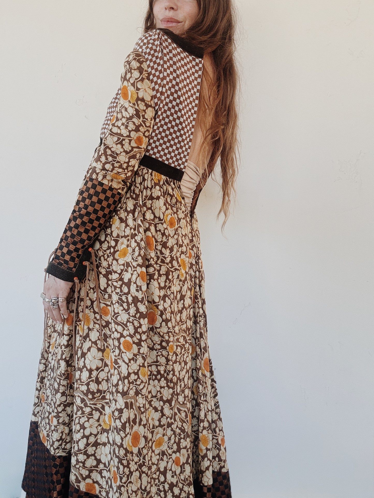 1970s Bill Gibb Archival Floral Silk + Suede Fringe Magpie Dress- S
