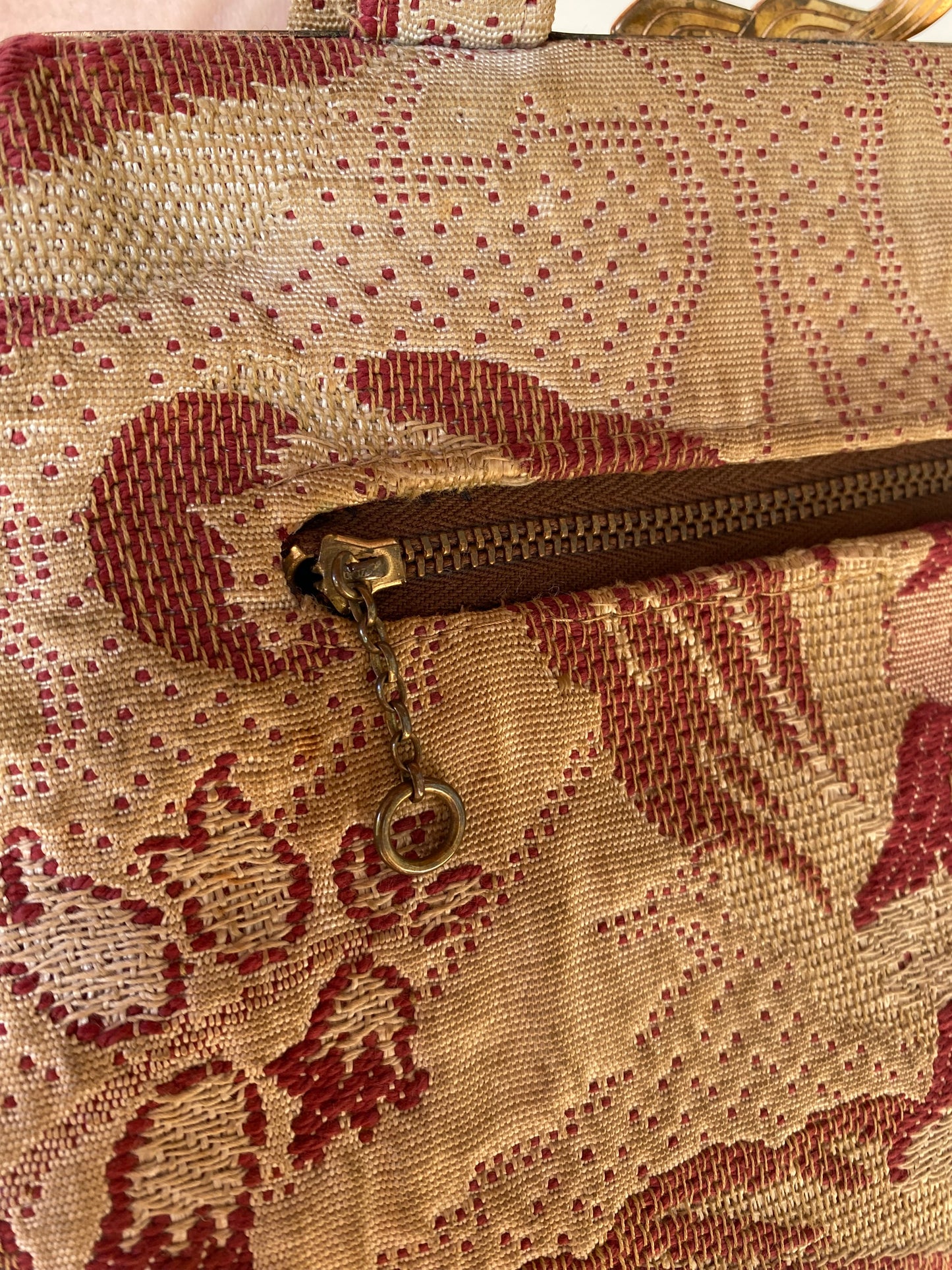 1940s Large Jacquard Handbag w/ Brass Chain Zipper by Betsy Ross- 10x17”