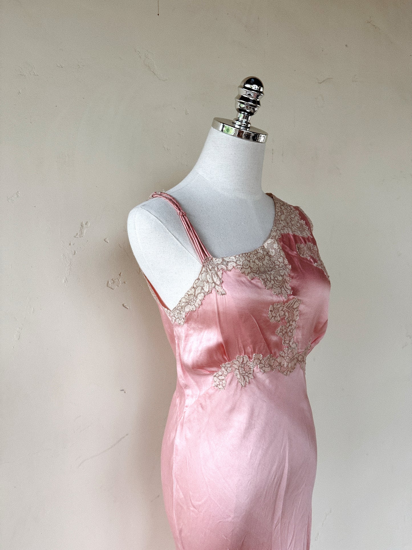 1930s/40s Pink Silk Asymmetrical Slip Dress w/ Lace- S-S/M