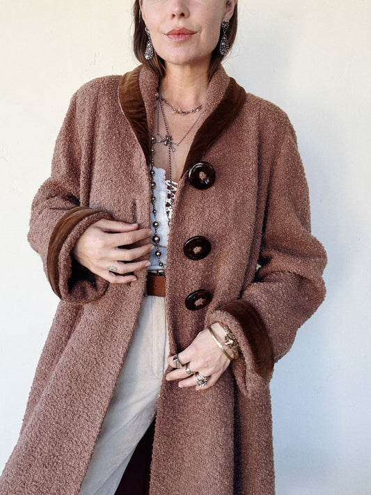 1940s/50s Mocha Bouclé Knit Coat w/ Oversized Buttons- S/M-M